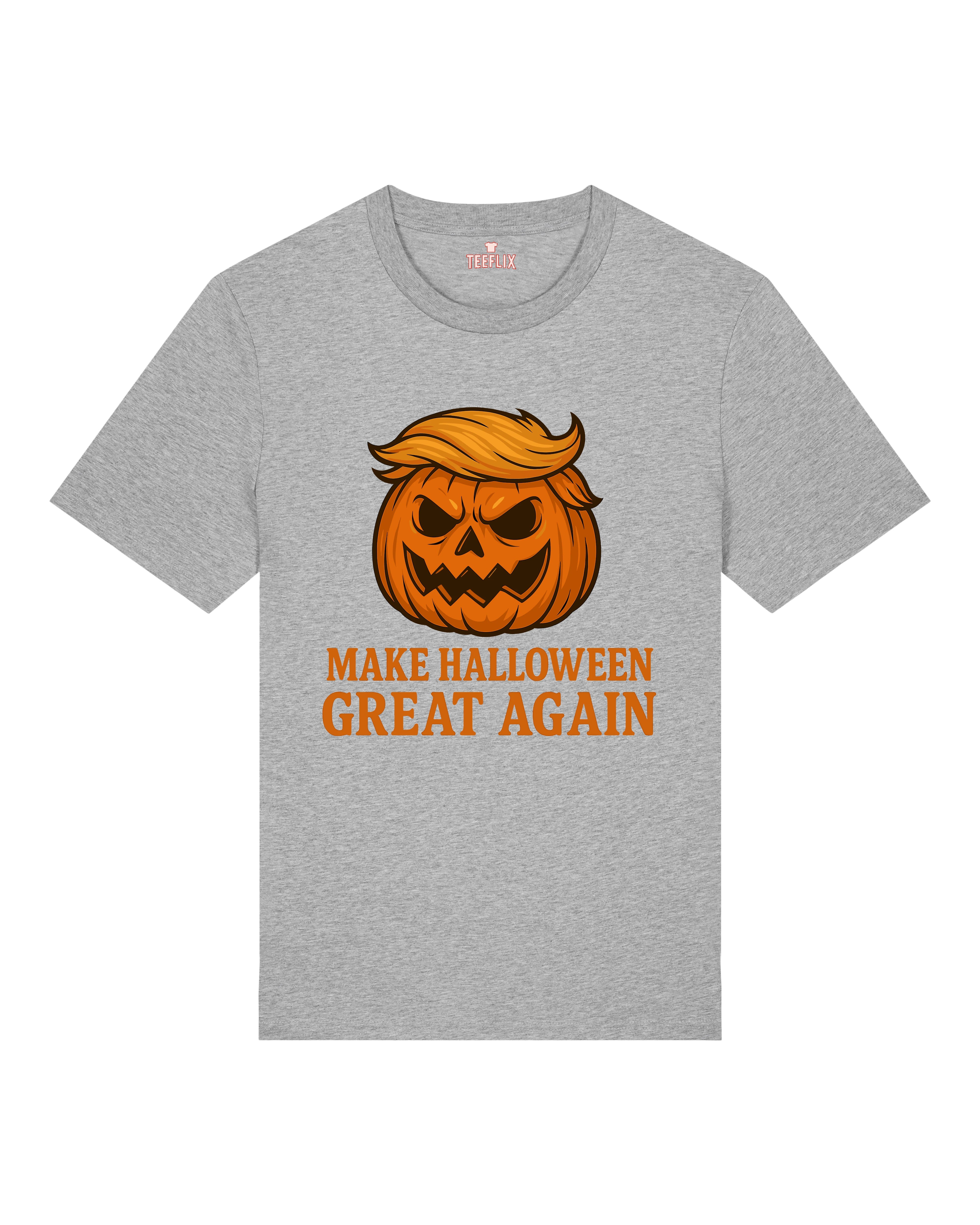 Halloween T-Shirt in Grau mit witzigem Kürbismotiv und Spruch „Make Halloween Great Again“