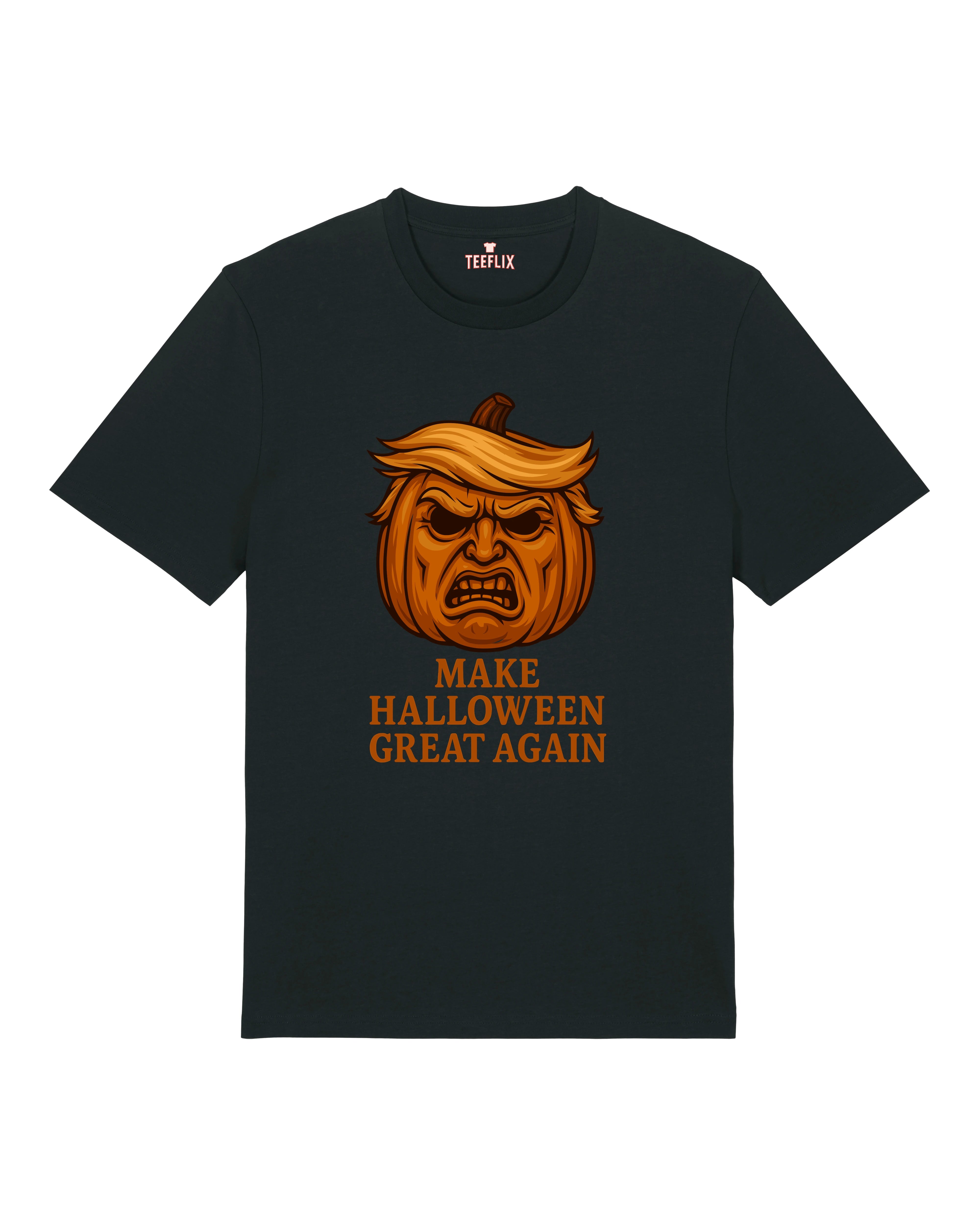 Make Halloween Great Again Halloween Shirt in Schwarz – Lustiges Horror Spruchshirt mit Kürbis, Unisex Normal, 100% Bio-Baumwolle, Teeflix