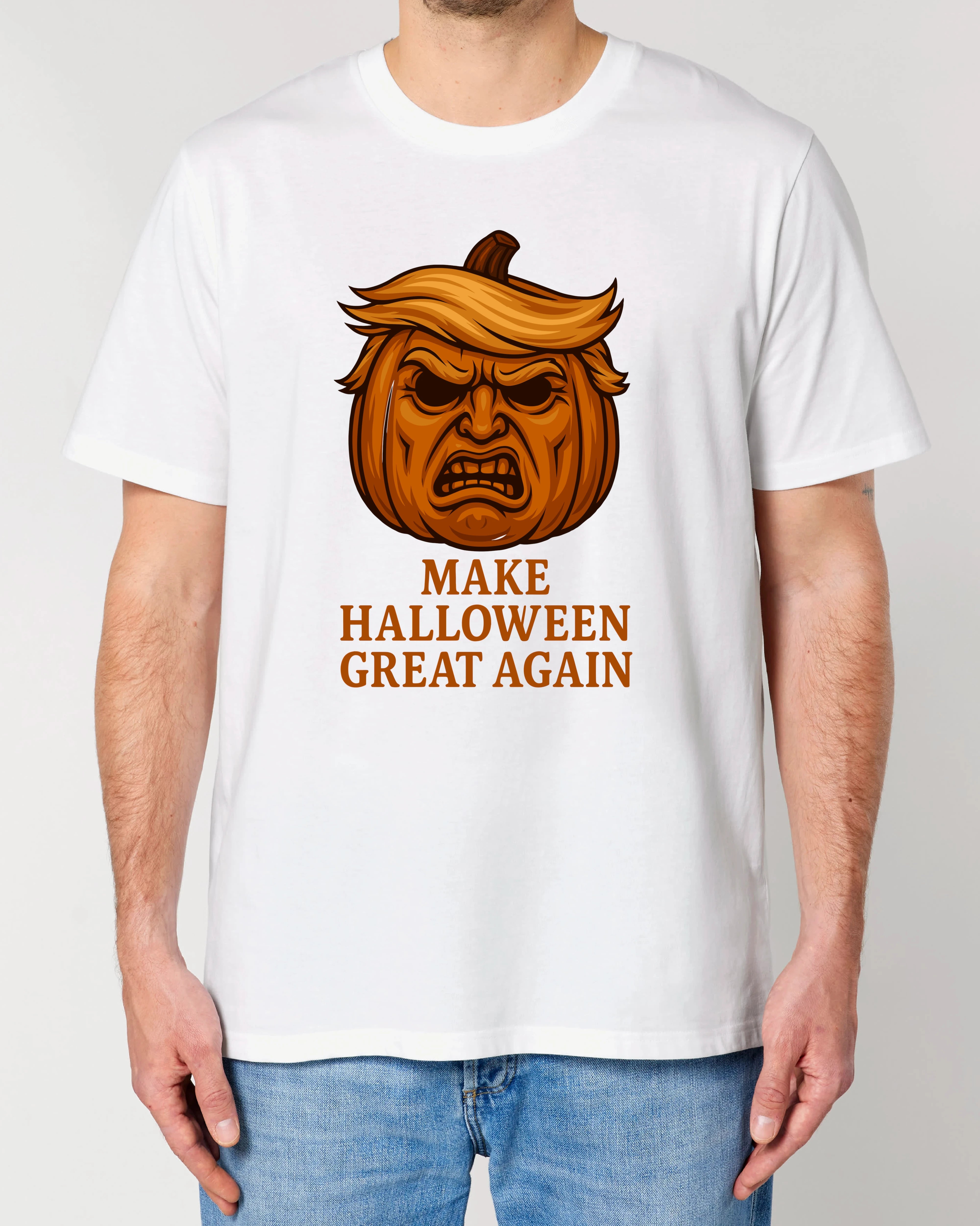 Make Halloween Great Again Halloween Shirt in Weiß – Lustiges Horror Spruchshirt mit Kürbis, Unisex Normal, 100% Bio-Baumwolle, Teeflix