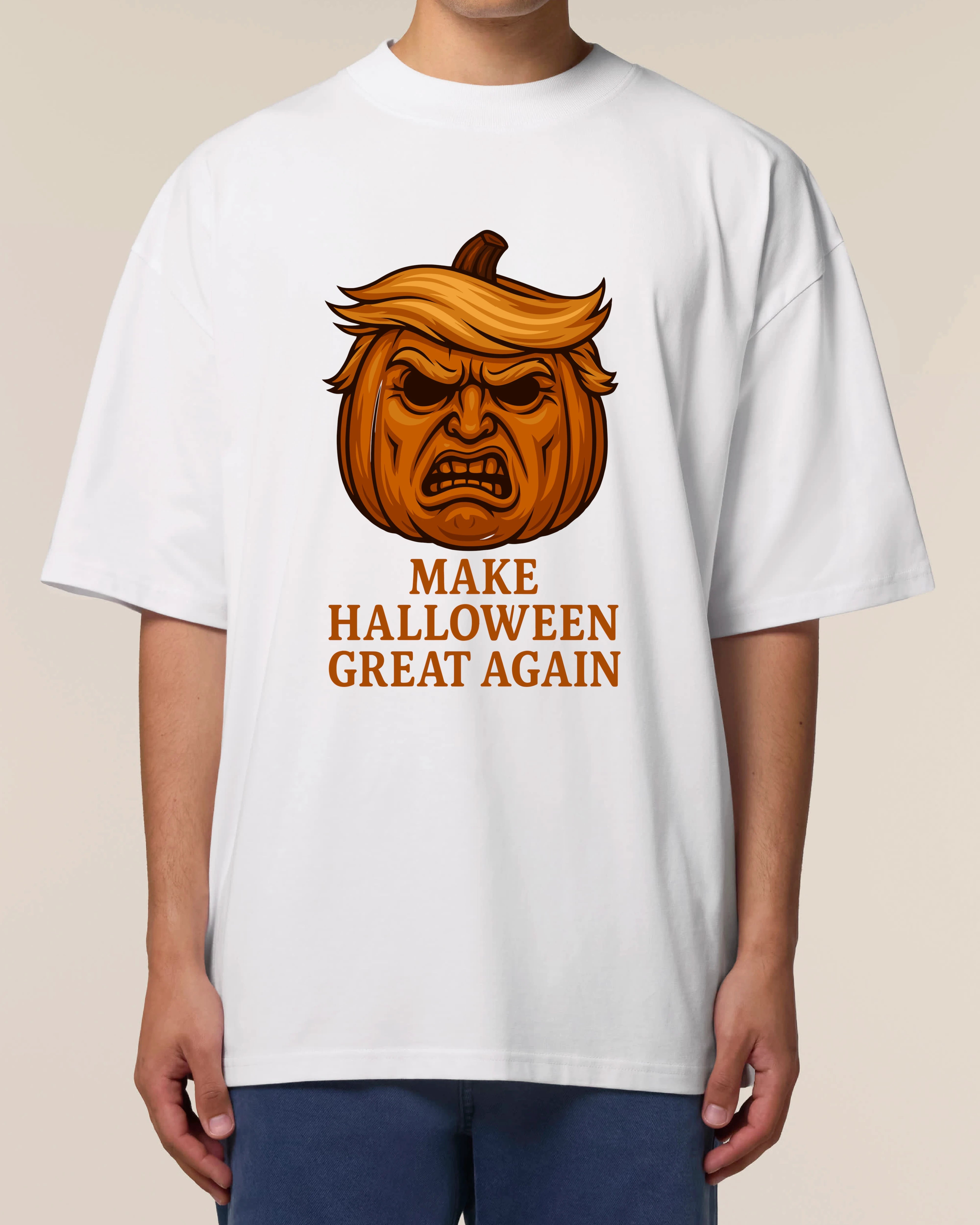 Make Halloween Great Again Halloween Shirt in Weiß – Oversized, Lustiges Horror Spruchshirt mit Kürbis, 100% Bio-Baumwolle, Teeflix
