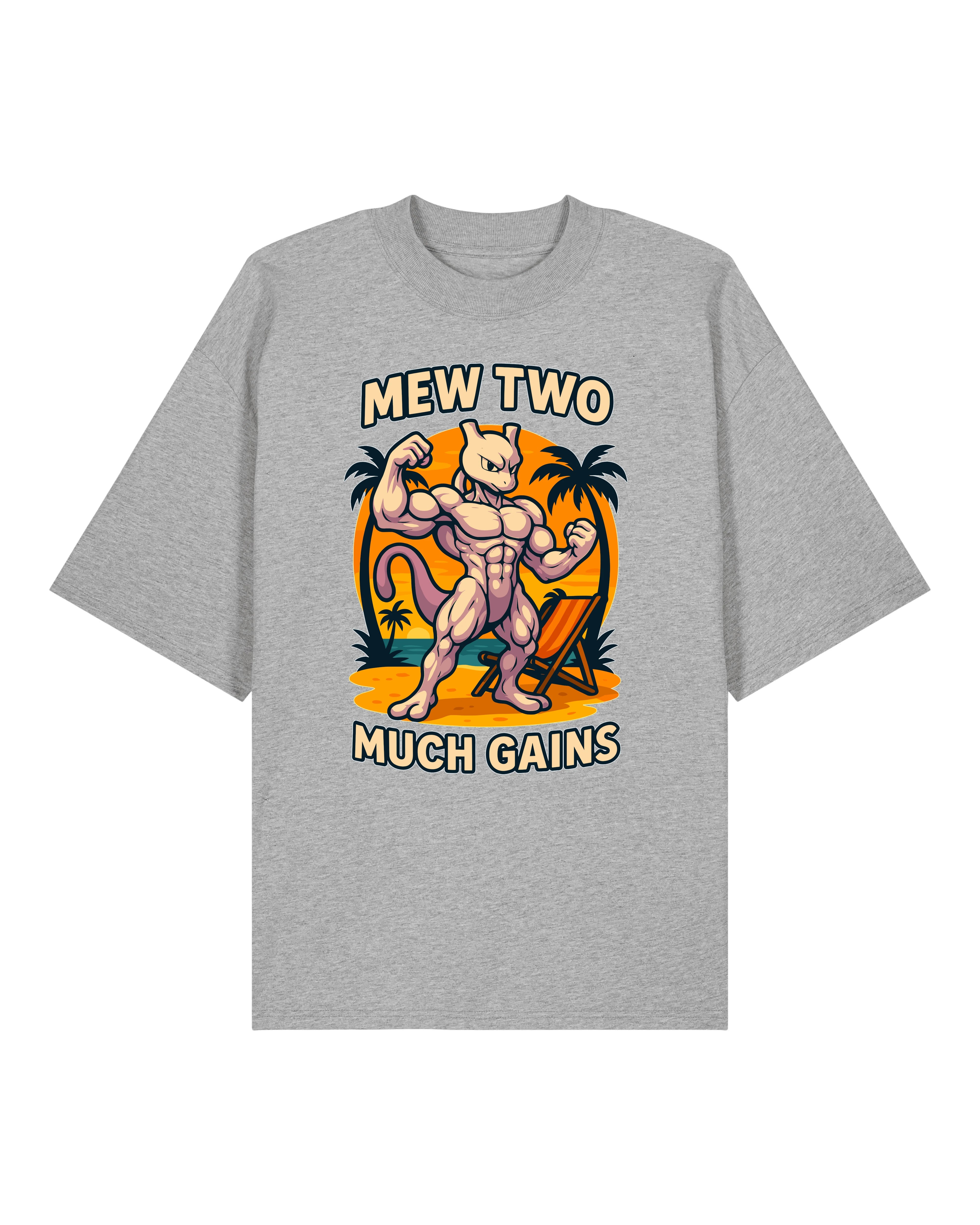 Oversized Gym Shirt „Mew Two Much Gains“ in Grau – Fun Pump Cover T-Shirt von Teeflix, 100% Bio-Baumwolle für Bodybuilding & Training