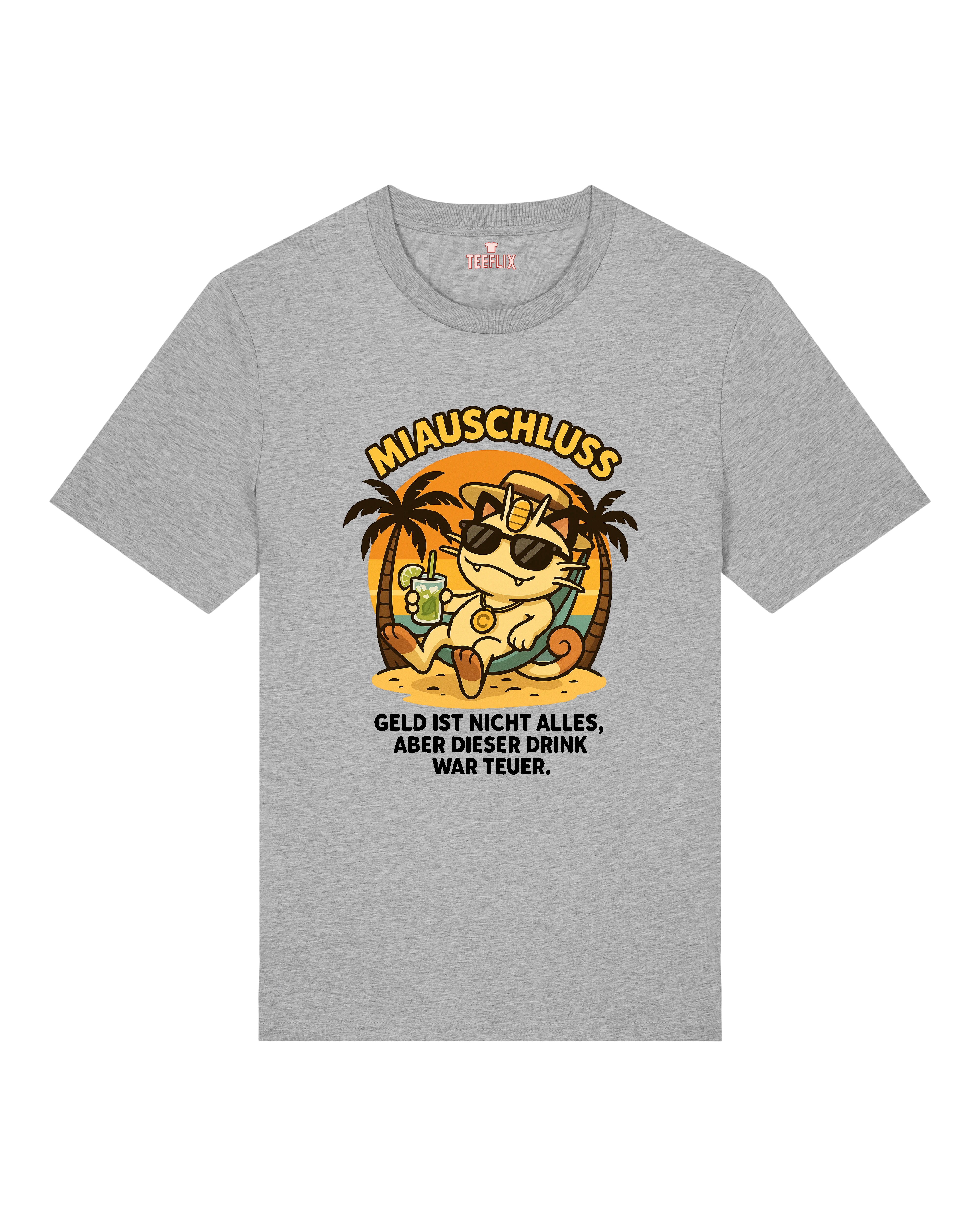 Miausschluss T-Shirt in Grau, stylisches Sommermotiv mit relaxter Katze, Goldmünze und Spruch für alle, die Ironie feiern.
