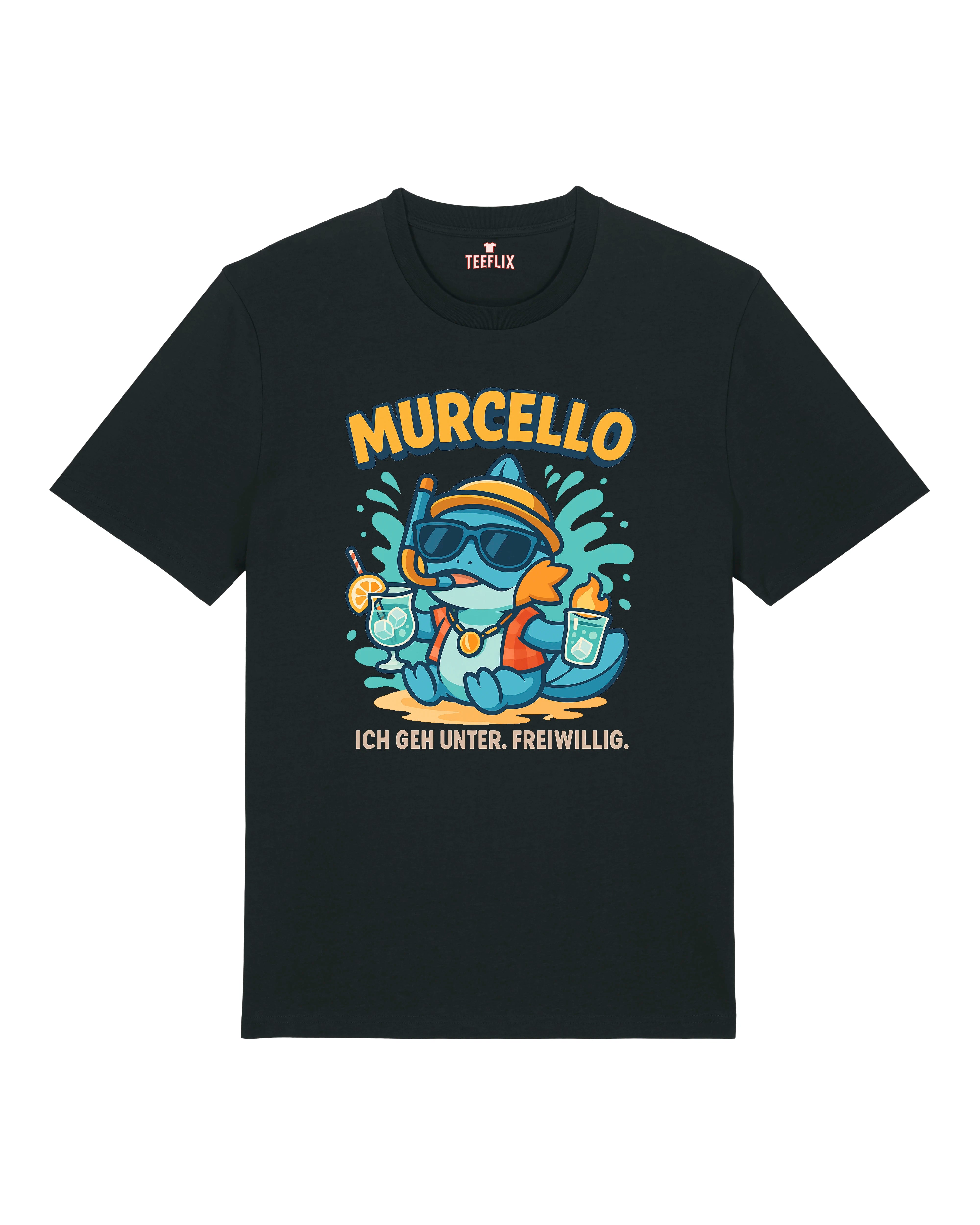 T-Shirt mit dem Aufdruck eines lustigen Cartoon-Fisches namens „Murcello“, der mit Sonnenbrille, Schnorchel und Getränken in der Hand entspannt. Darunter der Spruch: „Ich geh unter. Freiwillig.“ Erhältlich in Schwarz, Grau und Weiß.