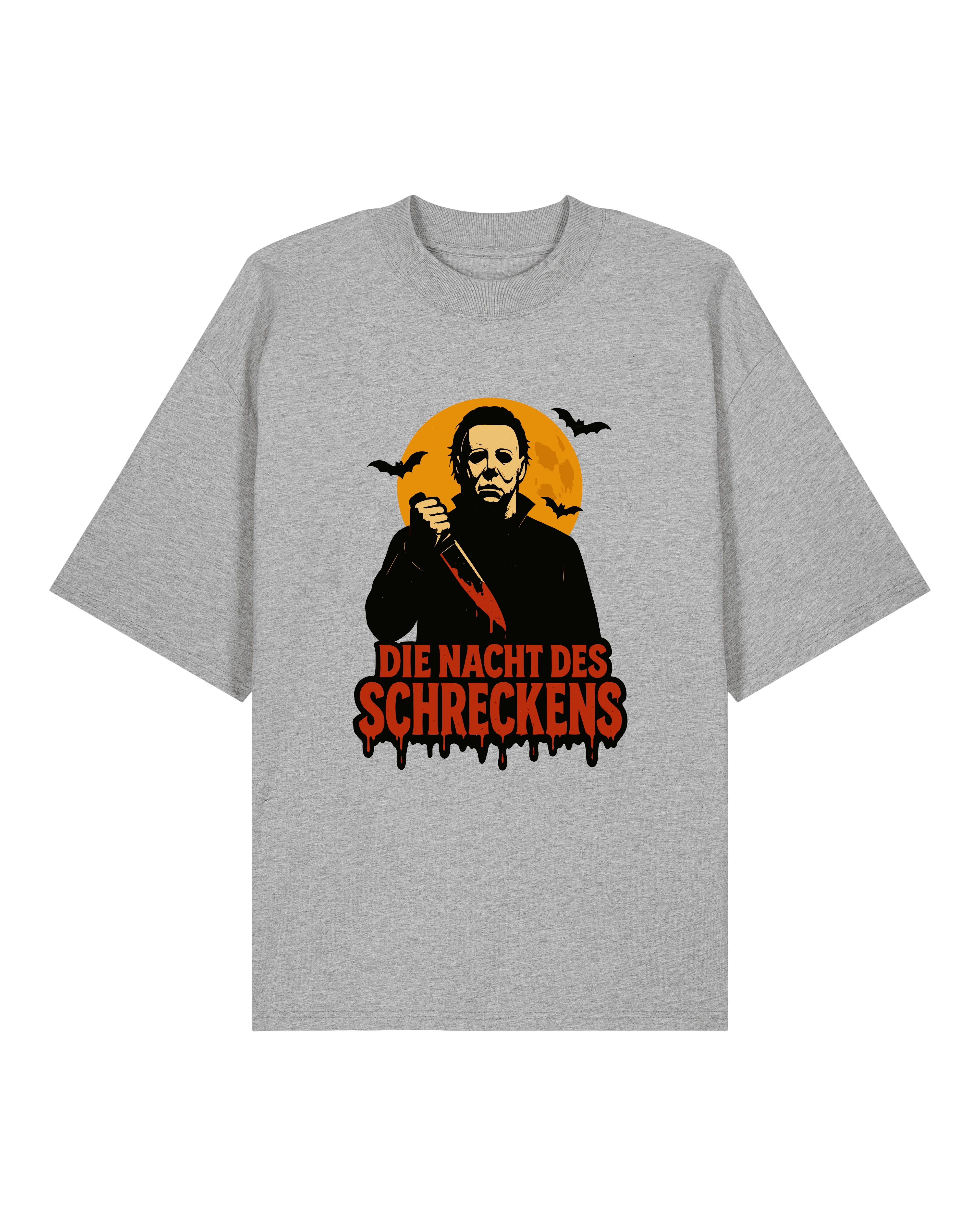 Oversized T-Shirt Grau mit Horror Motiv und blutigem Messer – Halloween Funshirt