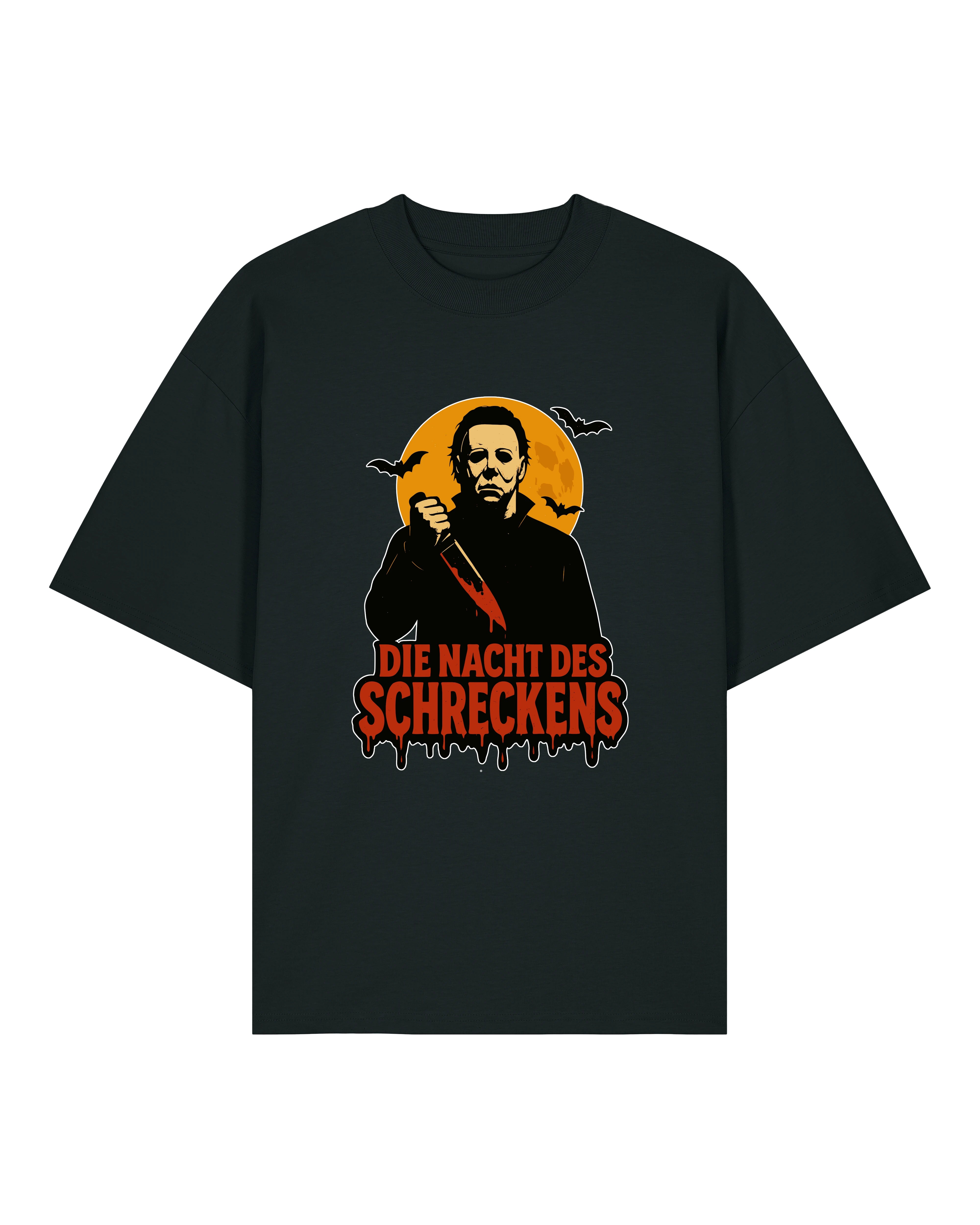 Schwarzes Oversized T-Shirt mit Slasher Motiv – Halloween Horror Shirt Die Nacht des Schreckens