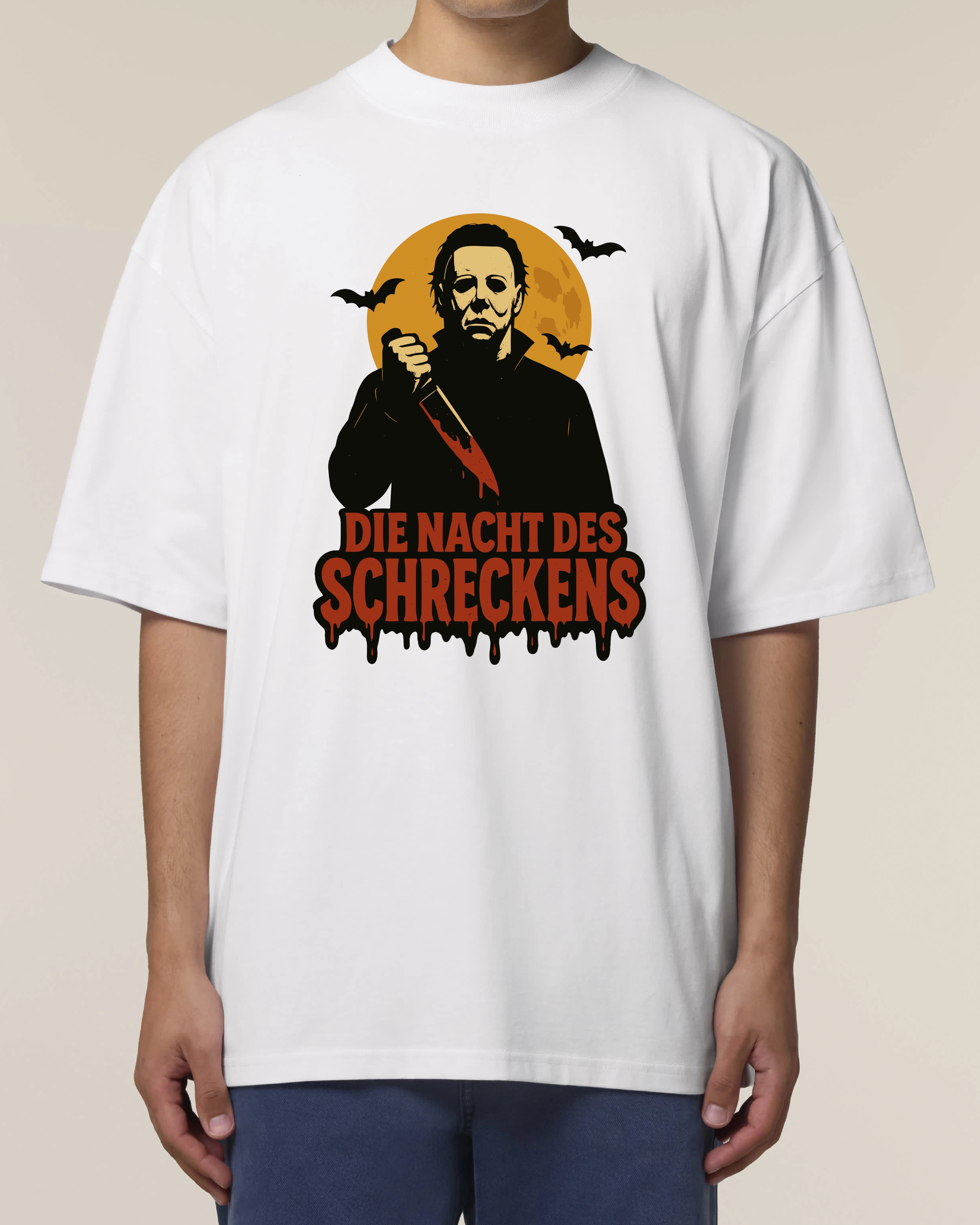 Oversized T-Shirt Weiß mit Halloween Druck – Horror Slasher Motiv für Partys
