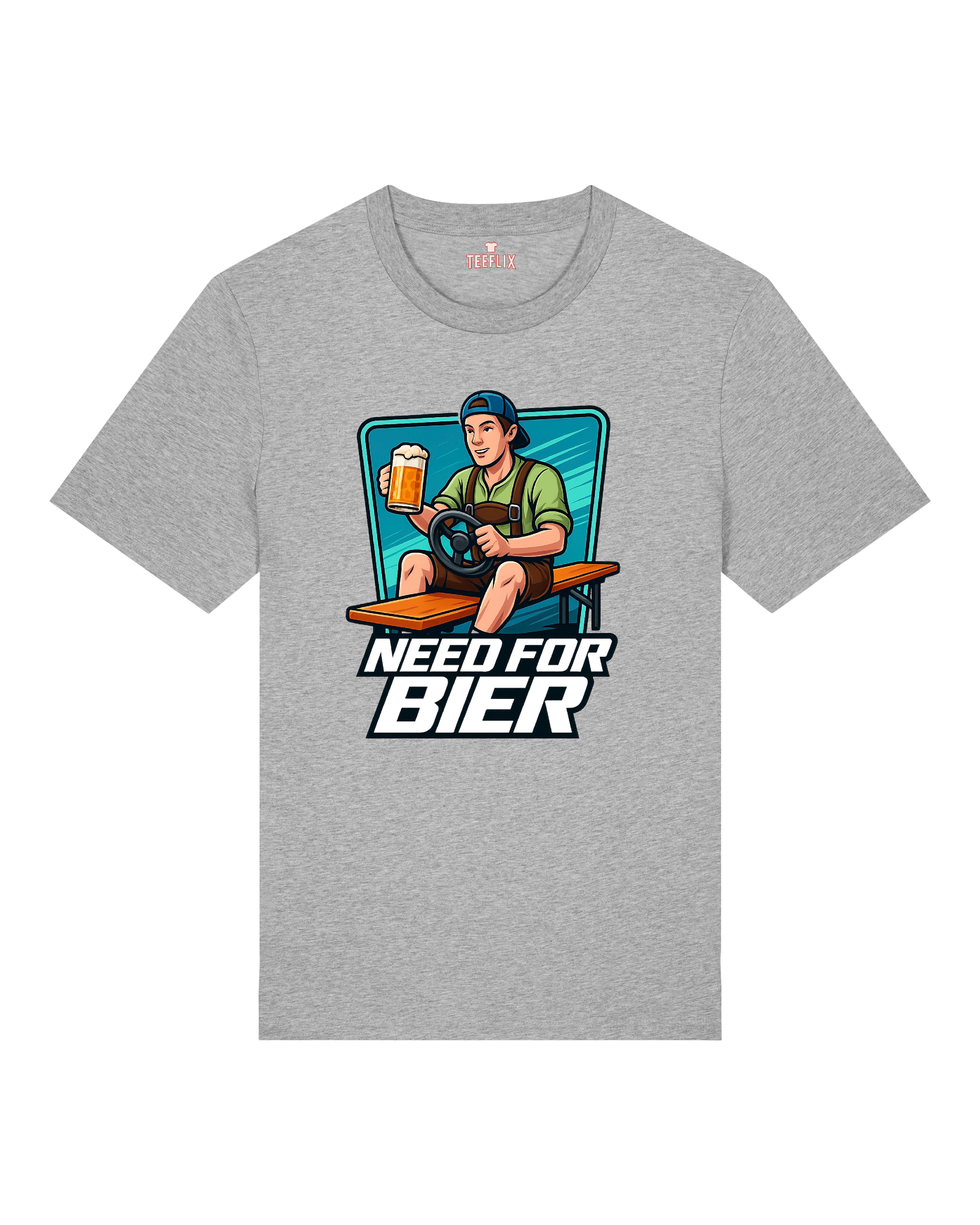 T-Shirt mit der Aufschrift „Need for Bier“, darauf ein junger Mann in Trachtenhemd und kurzer Hose, der auf einer Bierbank sitzt, ein Lenkrad in der einen und ein Bierkrug in der anderen Hand hält. Der Hintergrund zeigt einen stilisierten Gaming-Rahmen. Design in Comic-Stil, erhältlich in Schwarz, Weiß und Grau.