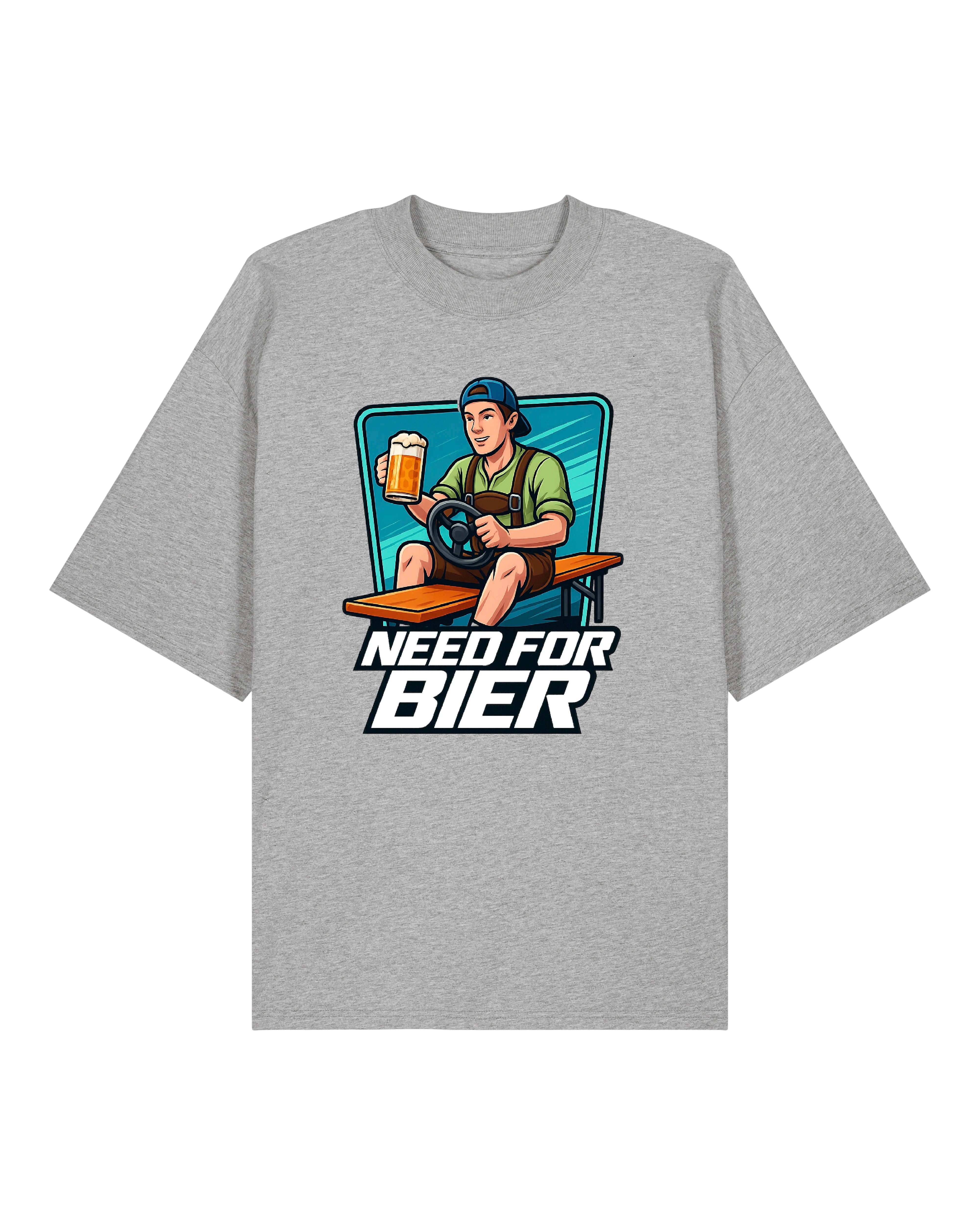 T-Shirt mit der Aufschrift „Need for Bier“, darauf ein junger Mann in Trachtenhemd und kurzer Hose, der auf einer Bierbank sitzt, ein Lenkrad in der einen und ein Bierkrug in der anderen Hand hält. Der Hintergrund zeigt einen stilisierten Gaming-Rahmen. Design in Comic-Stil, erhältlich in Schwarz, Weiß und Grau.