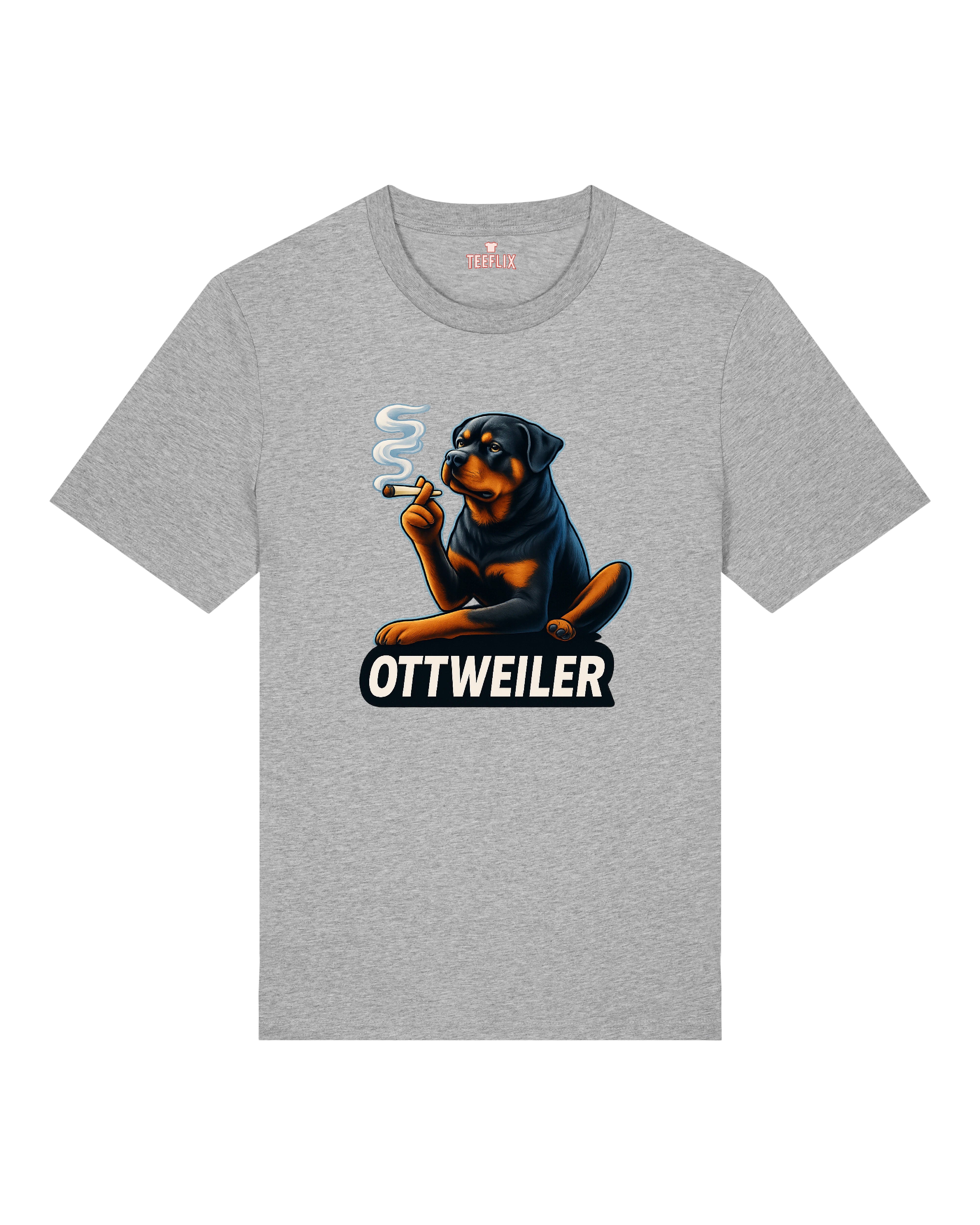 Graues T-Shirt mit witzigem Rottweiler-Motiv: Der Hund raucht gechillt einen Joint. Der darunter stehende Text „OTTWEILER“ rundet das coole Design ab.