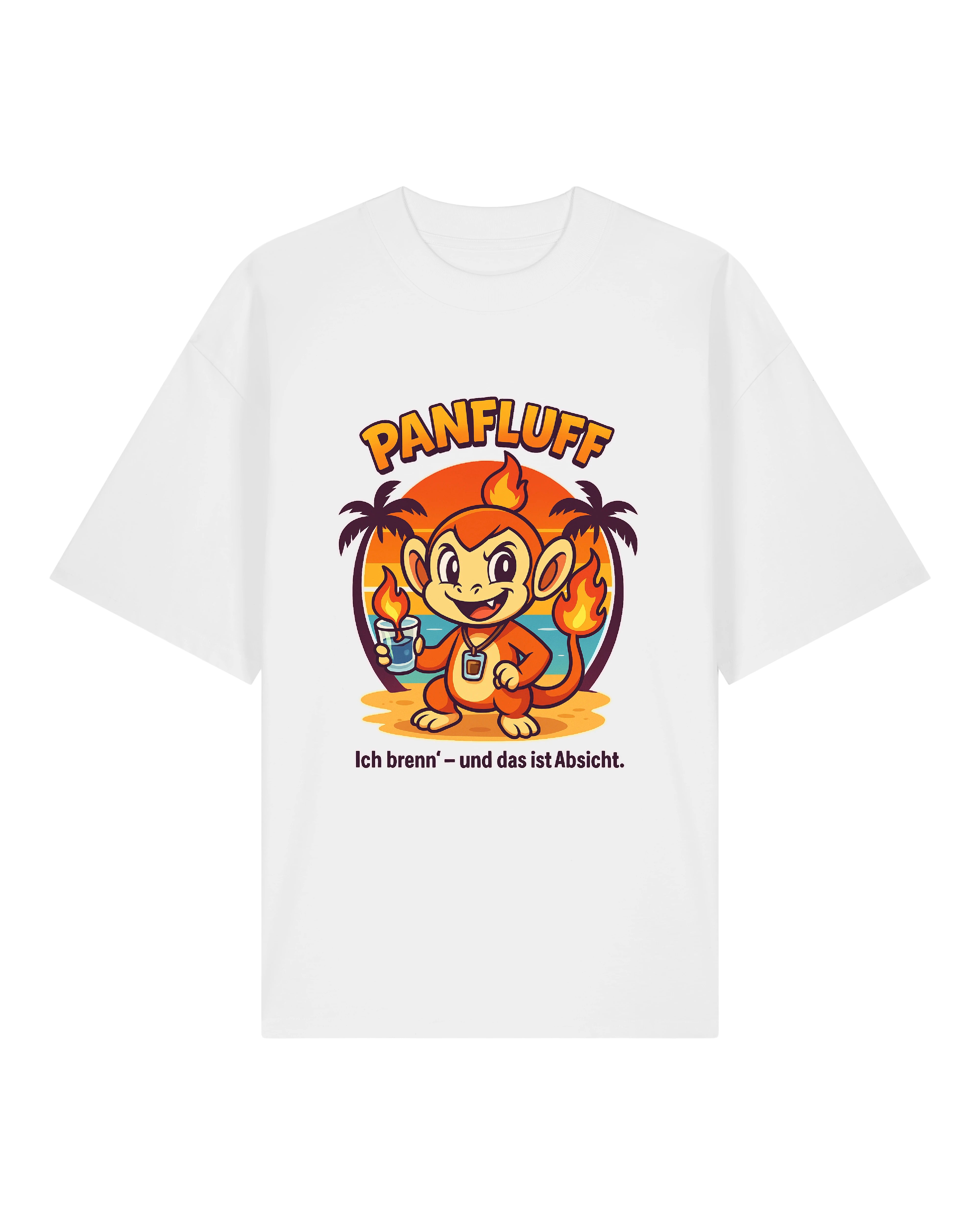 PANFLUFF T-Shirt in Weiß mit humorvollem Feuer-Design – perfekt für sonnige Tage.