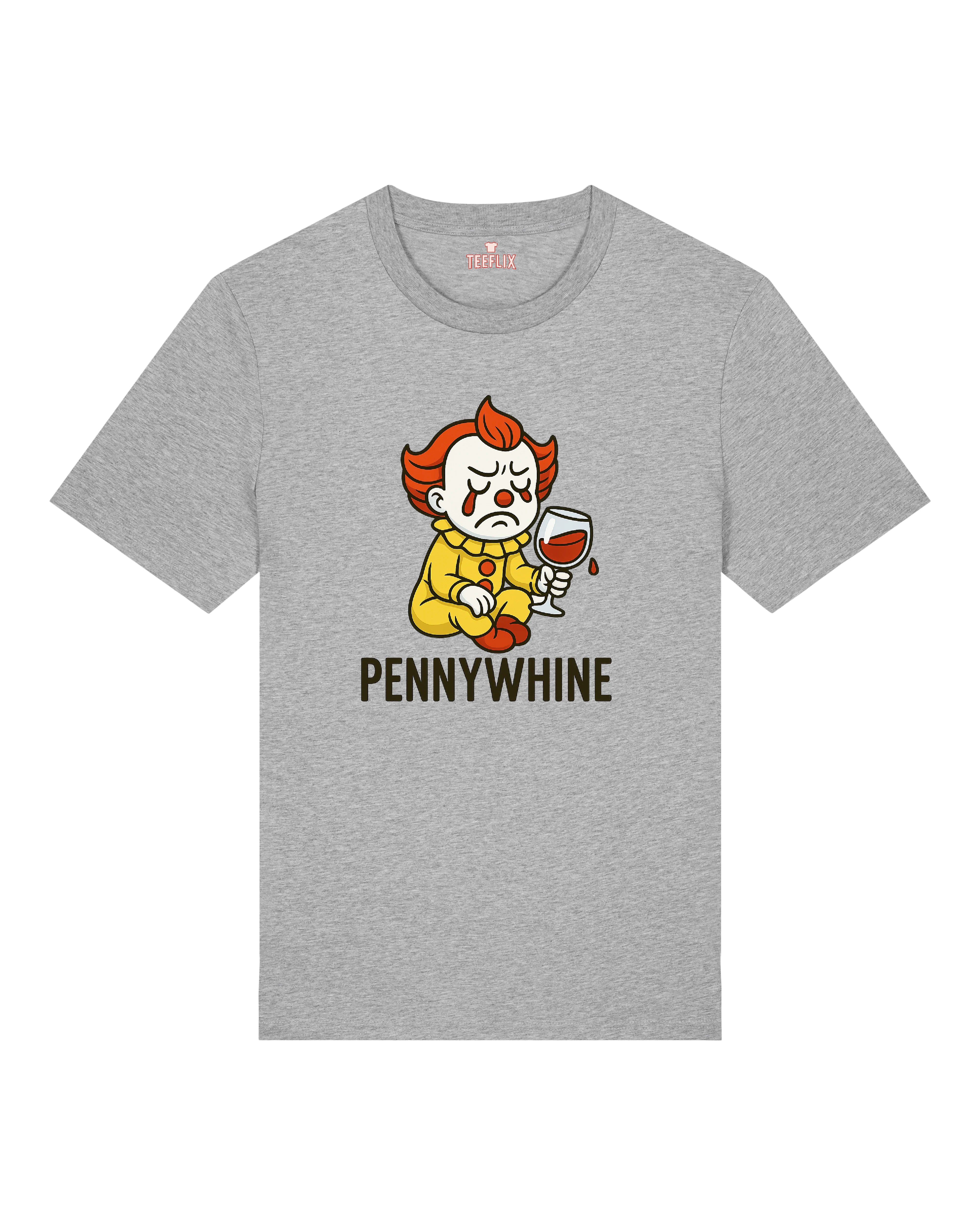 Graues T-Shirt mit weinendem Clown und dem Schriftzug „Pennywhine“
