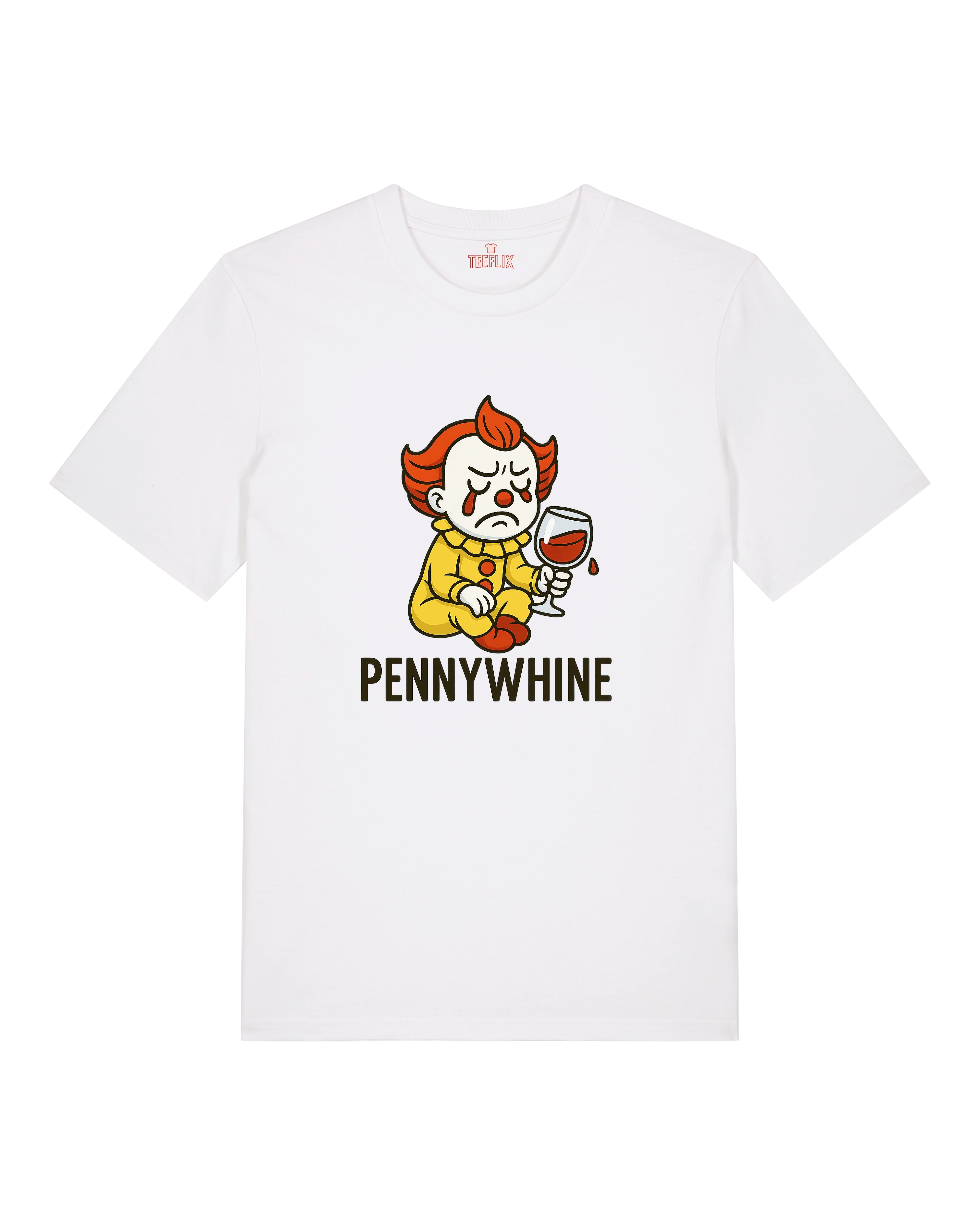 Weißes T-Shirt mit traurigem Clown und Weinglas-Motiv