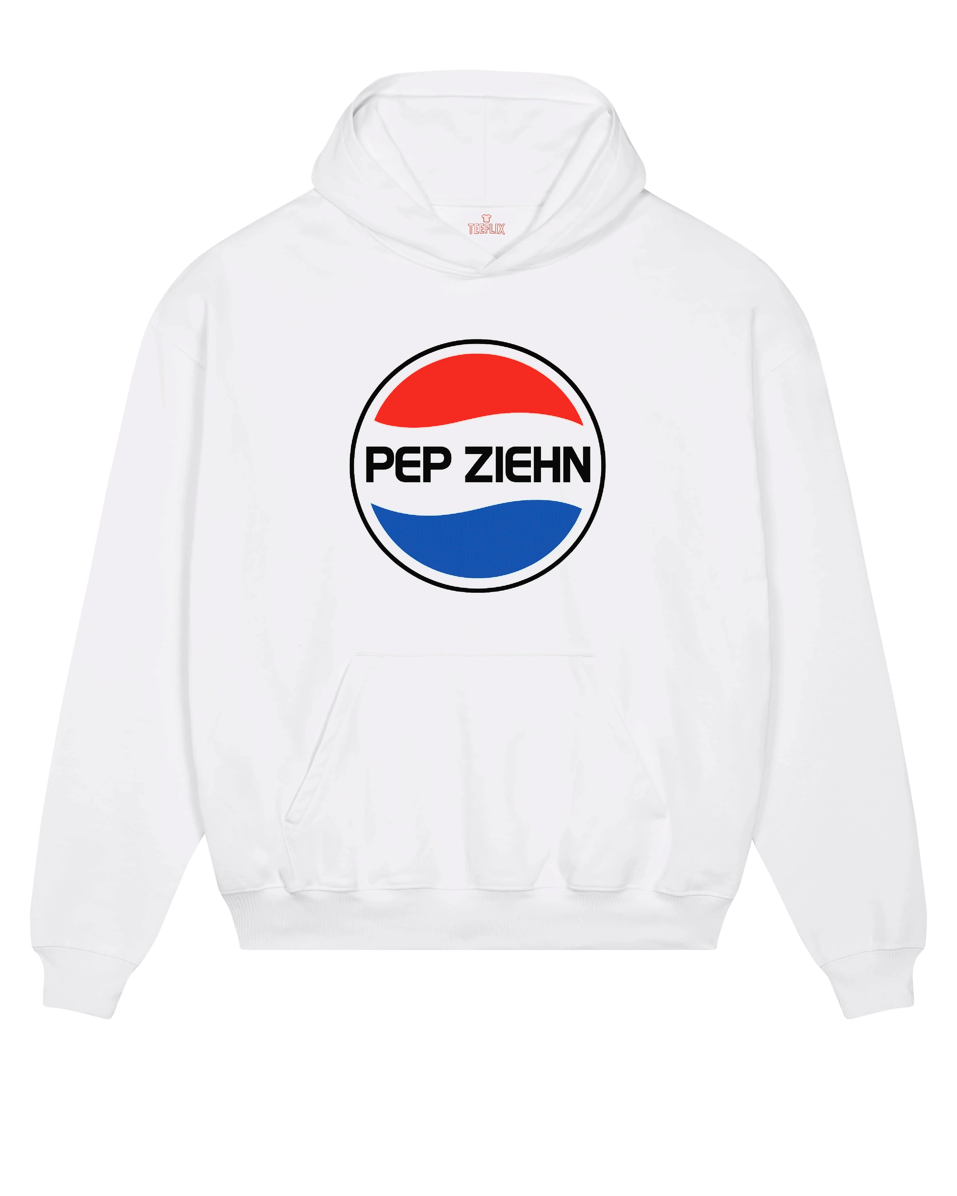 Schwarzer Hoodie mit „Pep Ziehn“-Logo in Pepsi-Stil – lustiger Parodie-Pullover in Weiß, Schwarz und Creme.