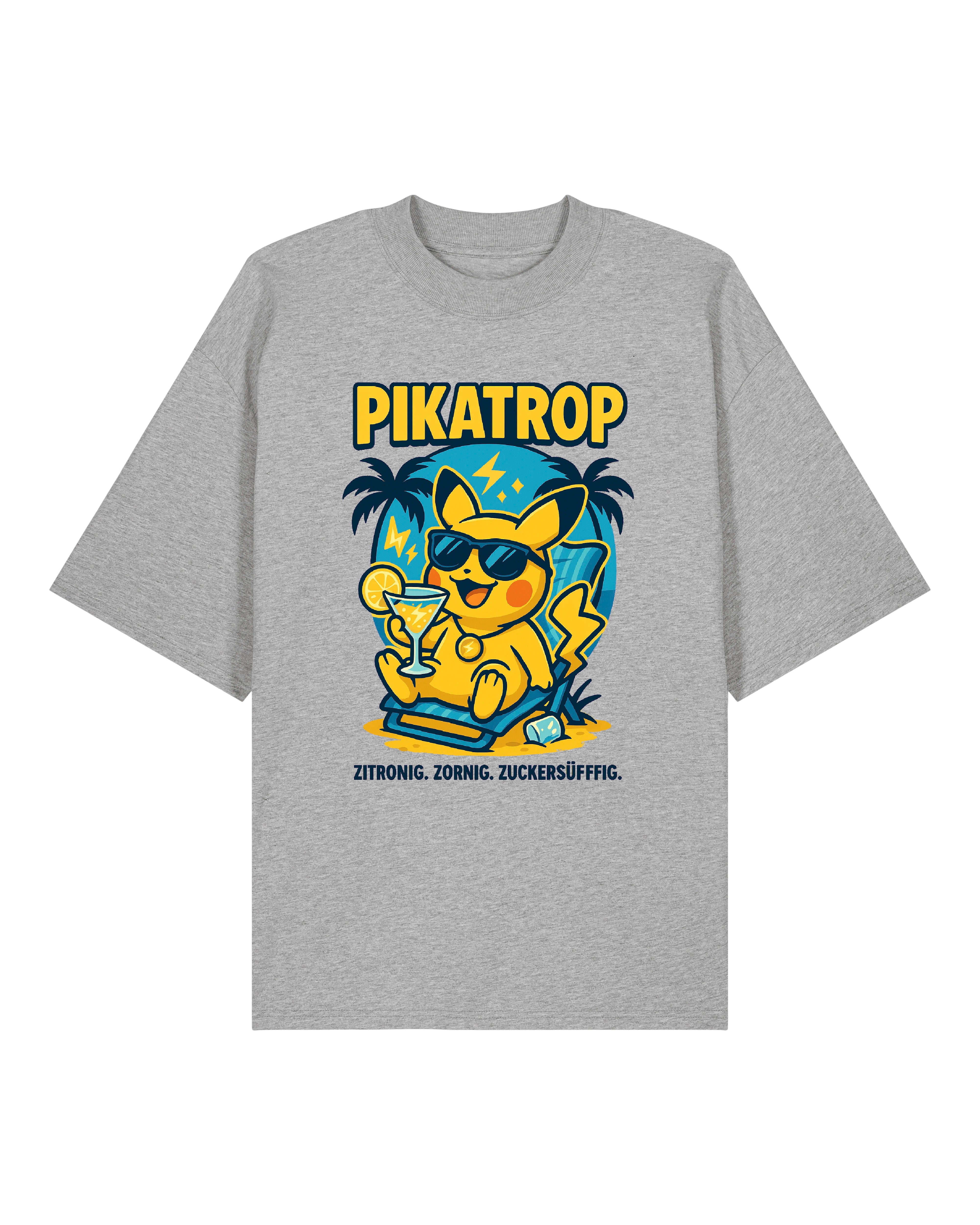 Graues „Pikatrop“ T-Shirt mit witzigem Cartoon-Print – der blitzgelbe Sommerheld genießt seinen Drink im Sonnenstuhl.