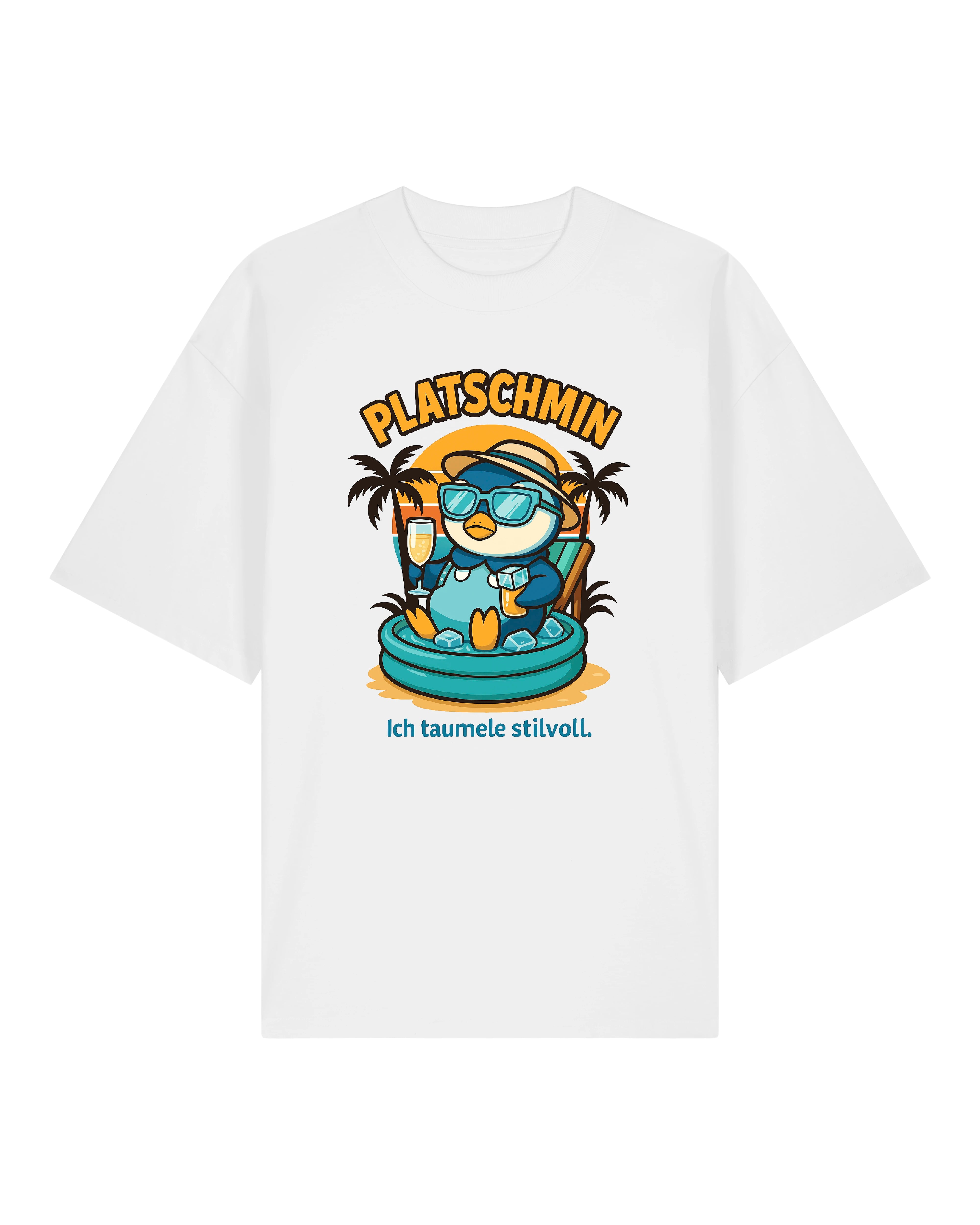 Platschmin T-Shirt in Weiß mit chillendem Pinguin und Schriftzug „Ich taumle stilvoll“