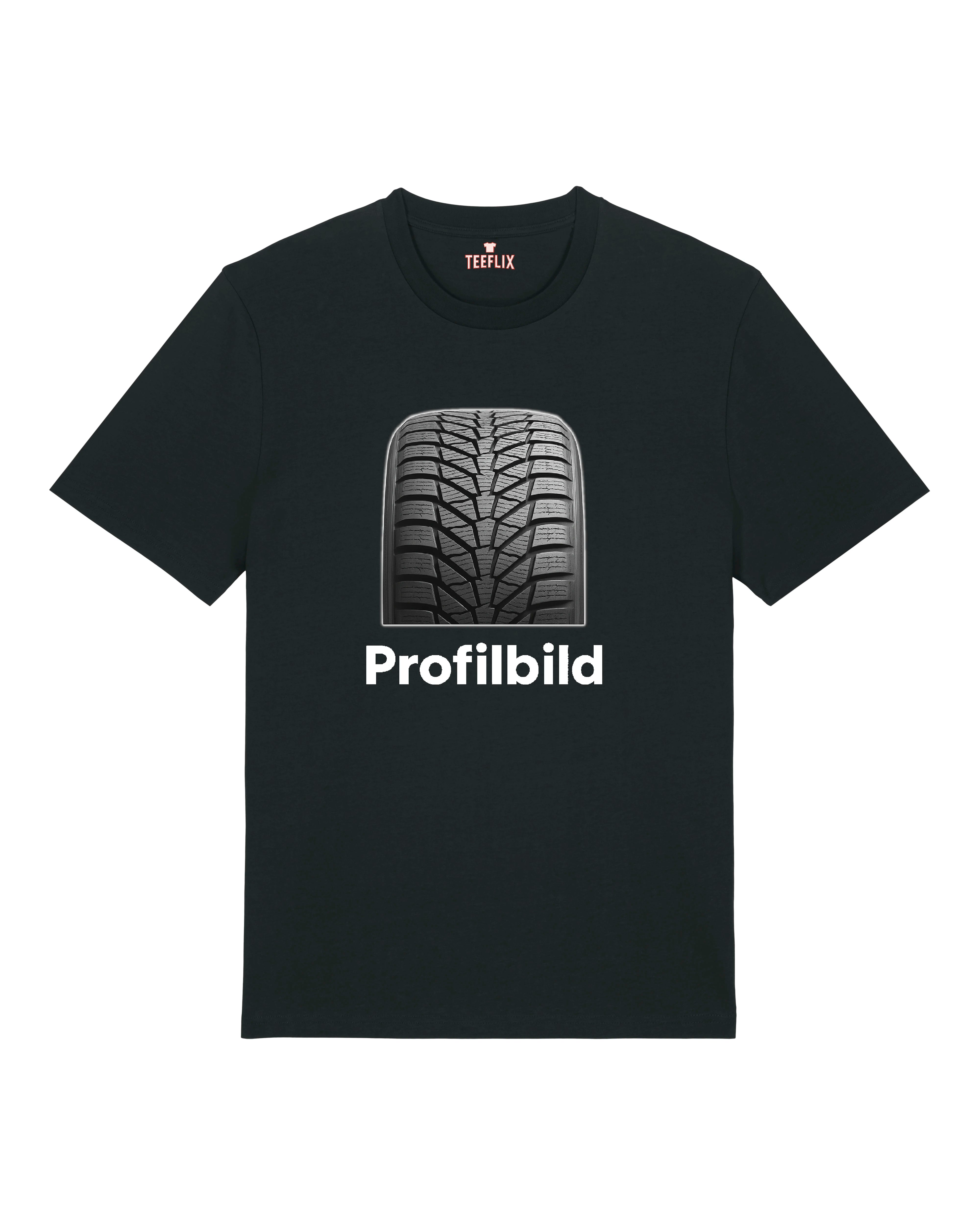Schwarzes T-Shirt mit Reifenprofil und lustigem Wortspiel