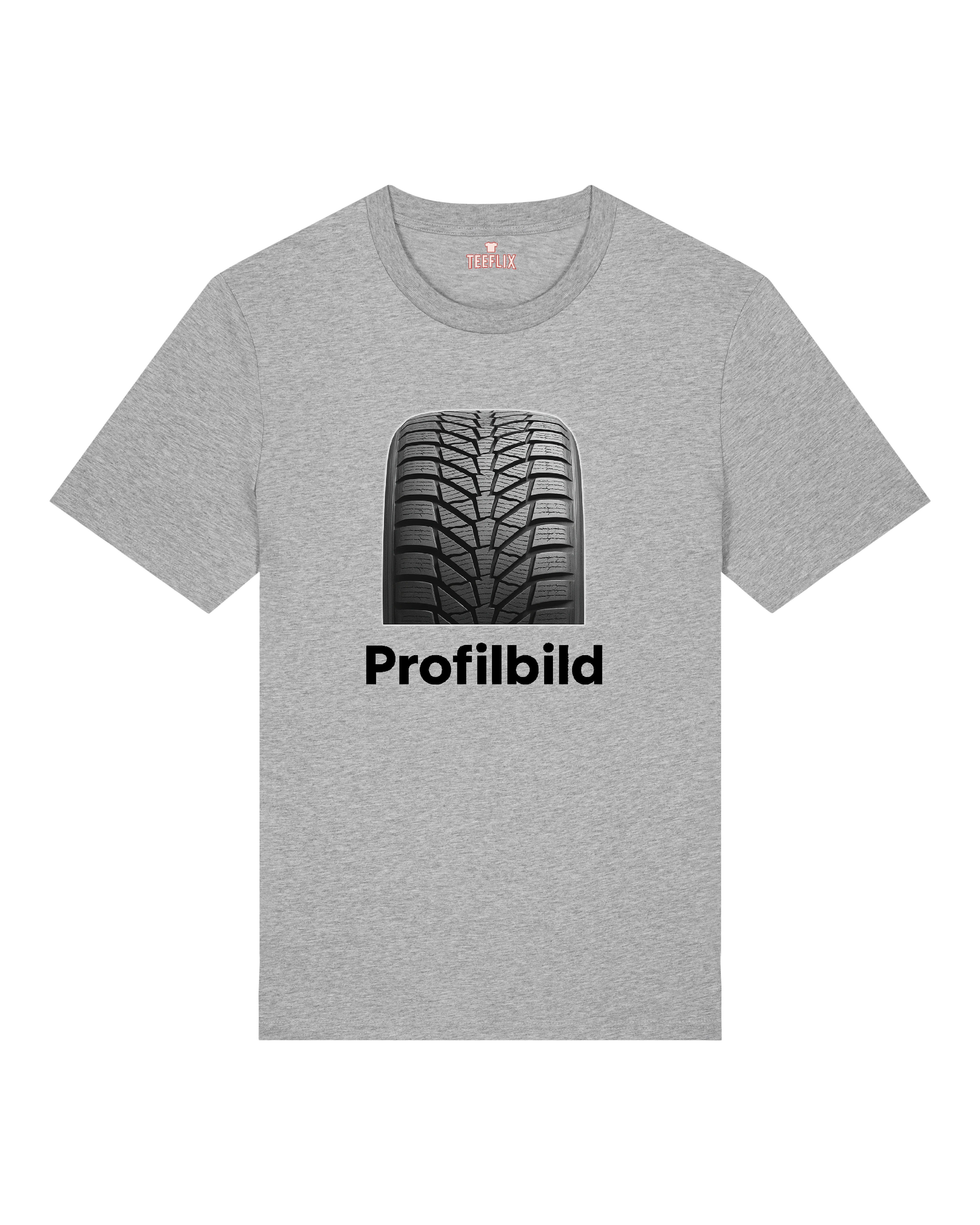 Graues Funshirt mit Reifenmotiv und Schriftzug „Profilbild“