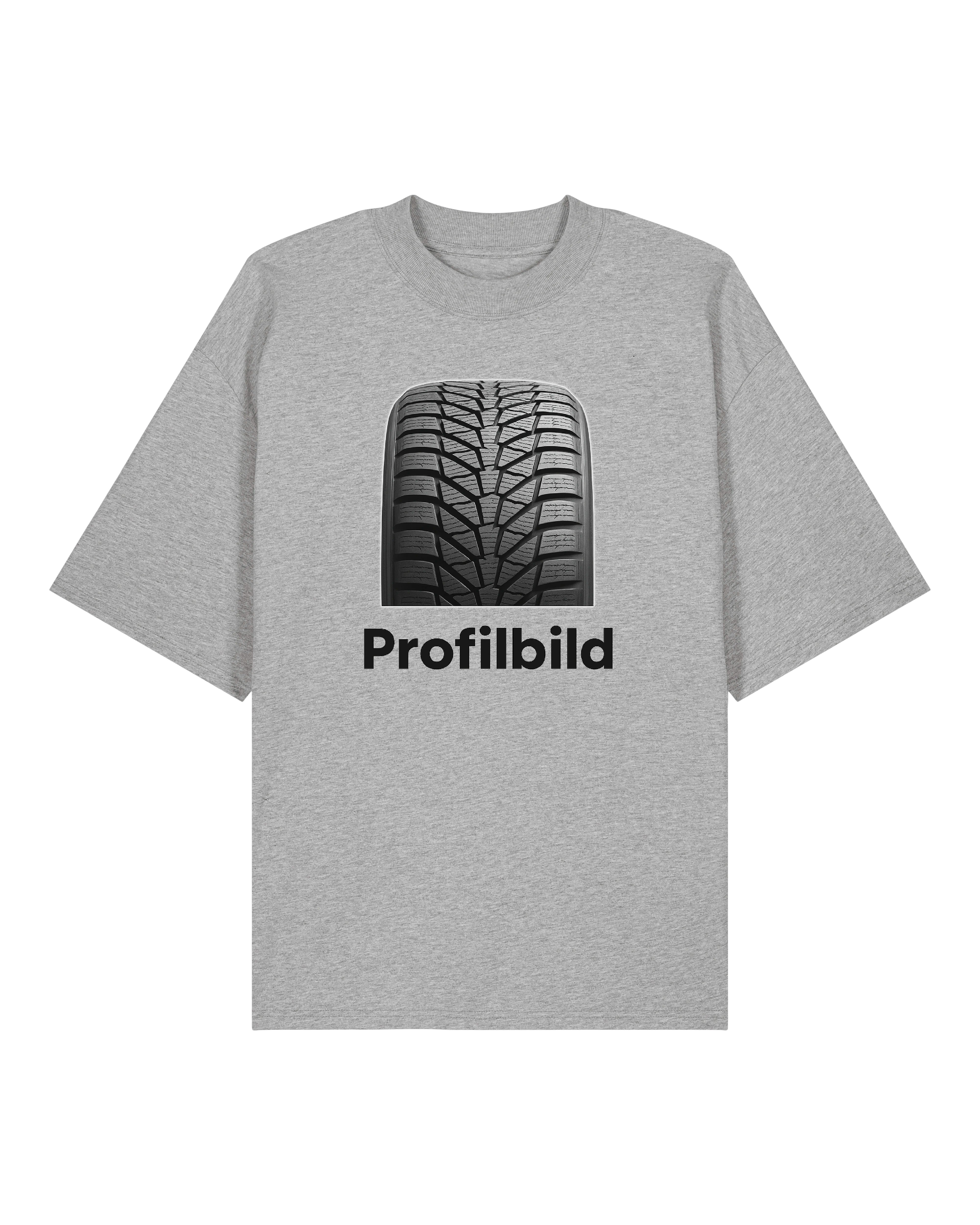 Graues Funshirt mit Reifenmotiv und Schriftzug „Profilbild“