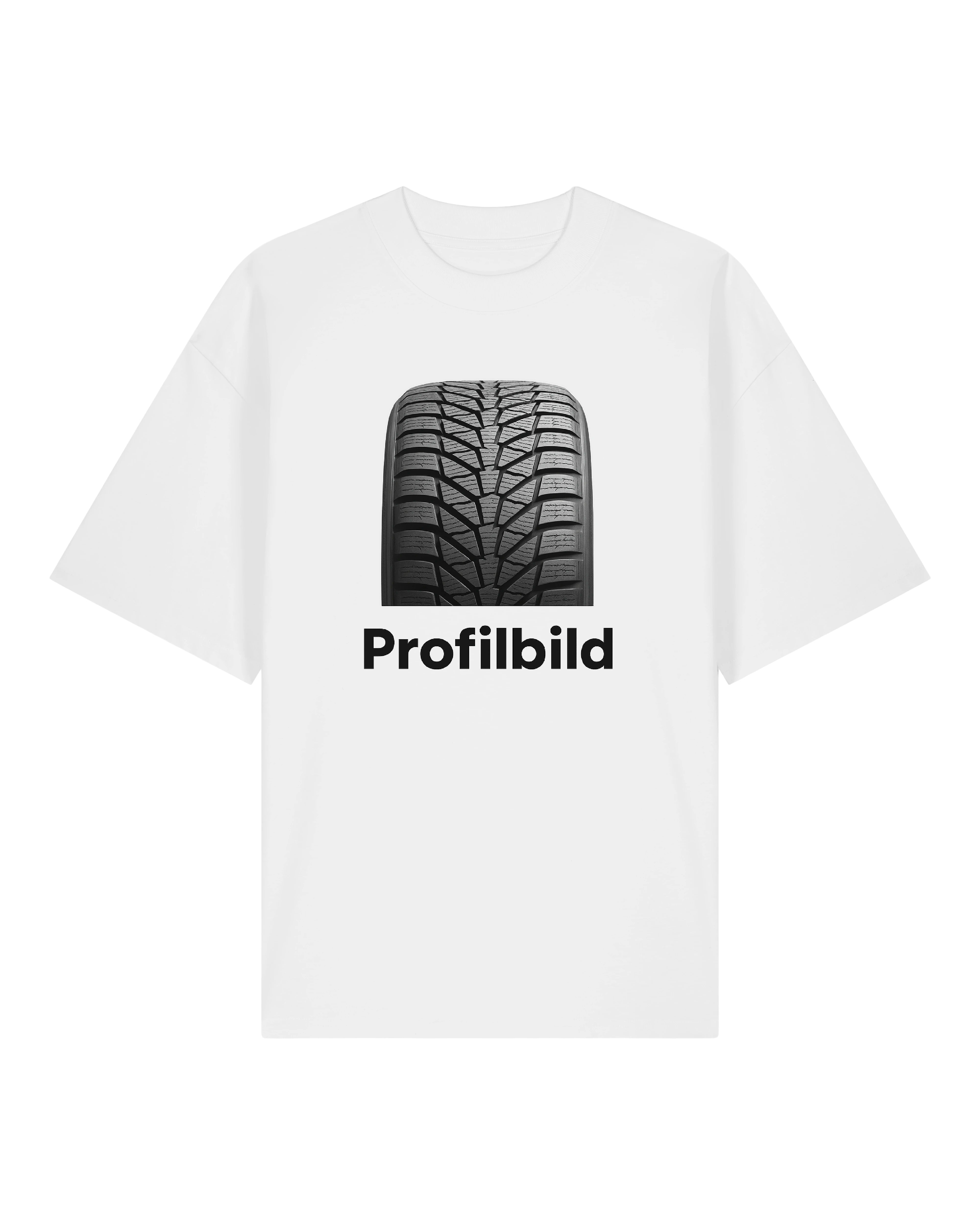 Weißes T-Shirt mit Reifenprofil und dem Wort „Profilbild“