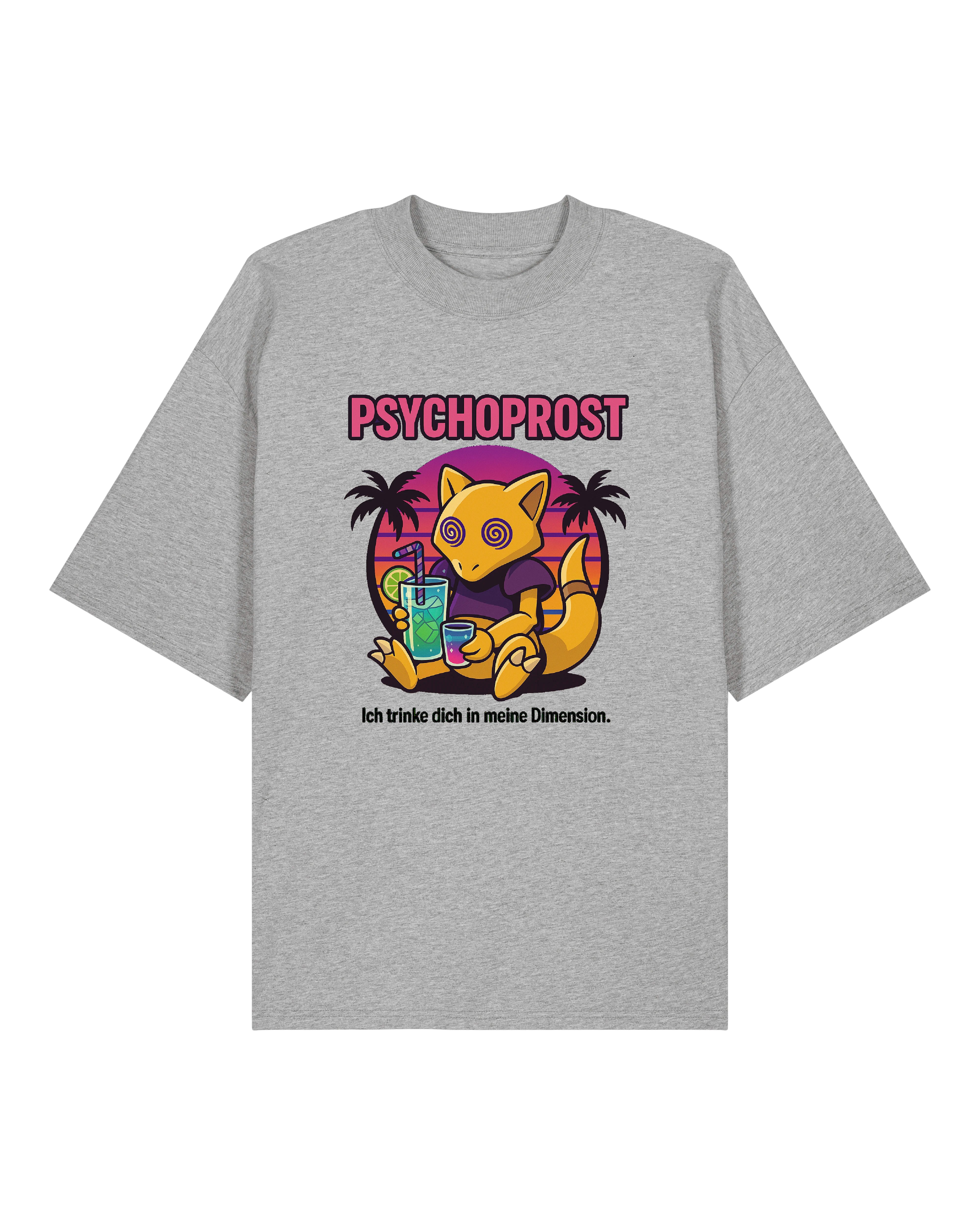 Graues "Psychoprost" T-Shirt mit witzigem Hypnose-Motiv und Spruch für Cocktail-Fans.