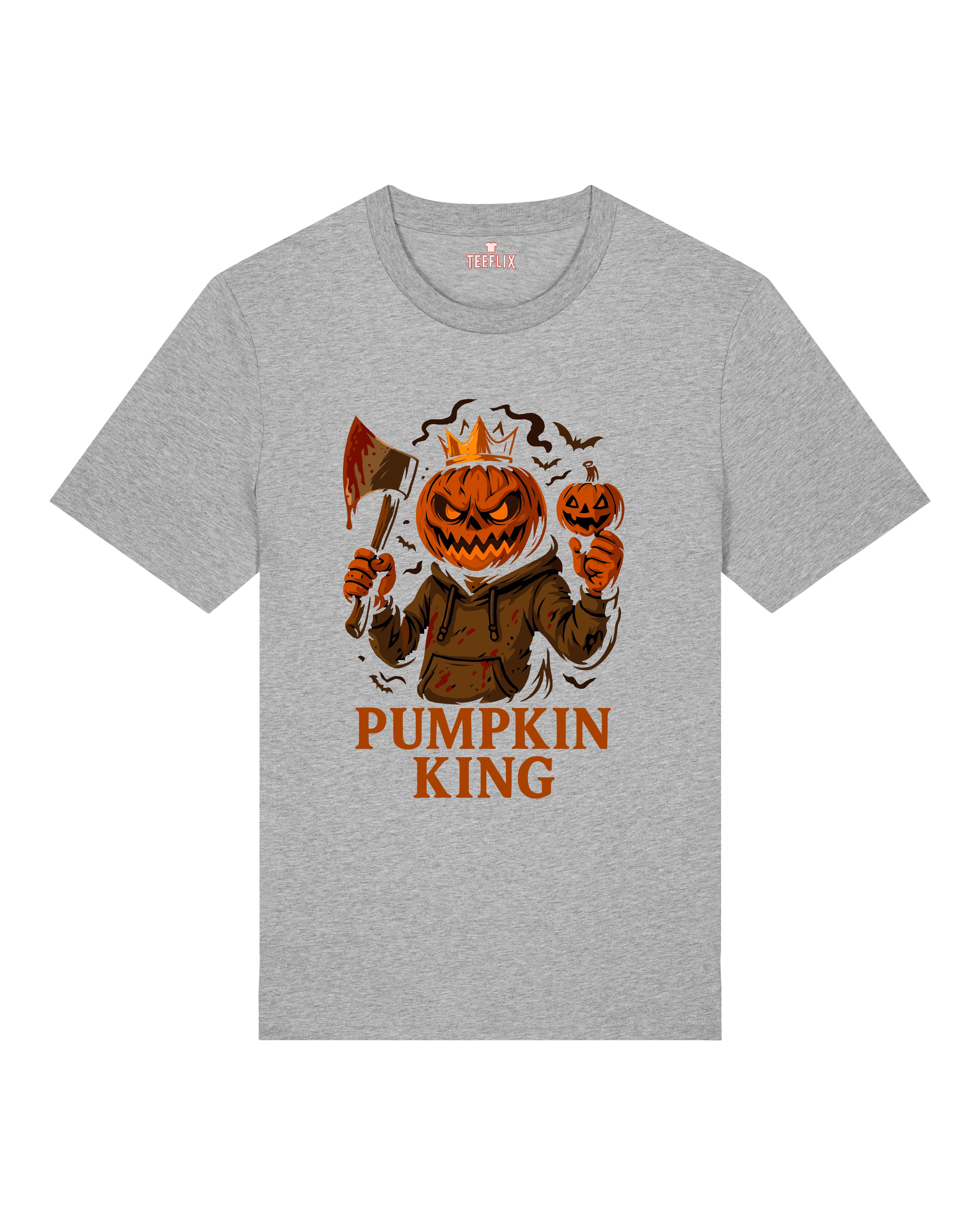 Graues T-Shirt mit Pumpkin King Motiv, gruseliges Halloween Design mit Axt und Krone – Teeflix