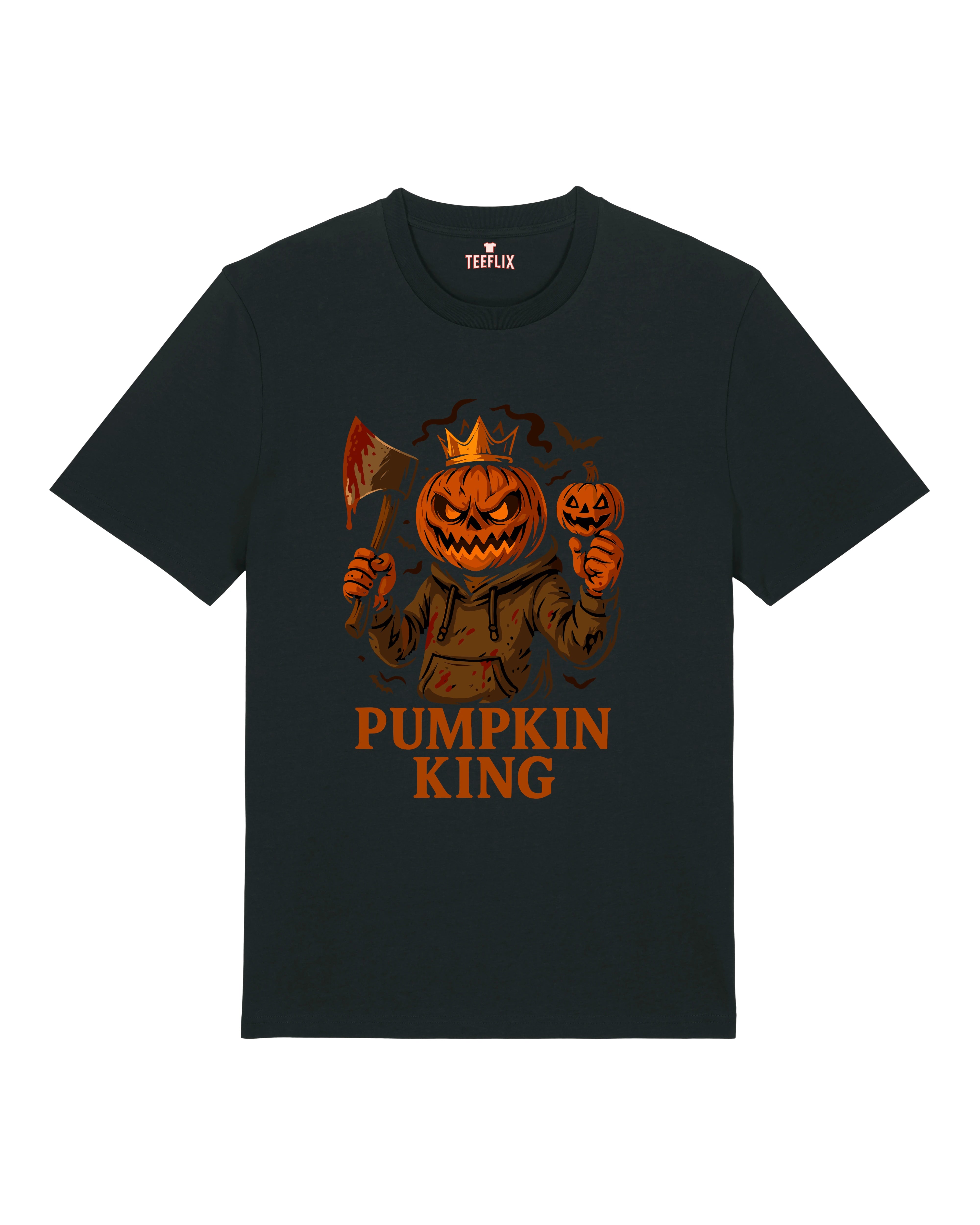 Schwarzes Pumpkin King T-Shirt mit gruseligem Kürbiskopf und Halloween Grafik – Teeflix Bio Shirt