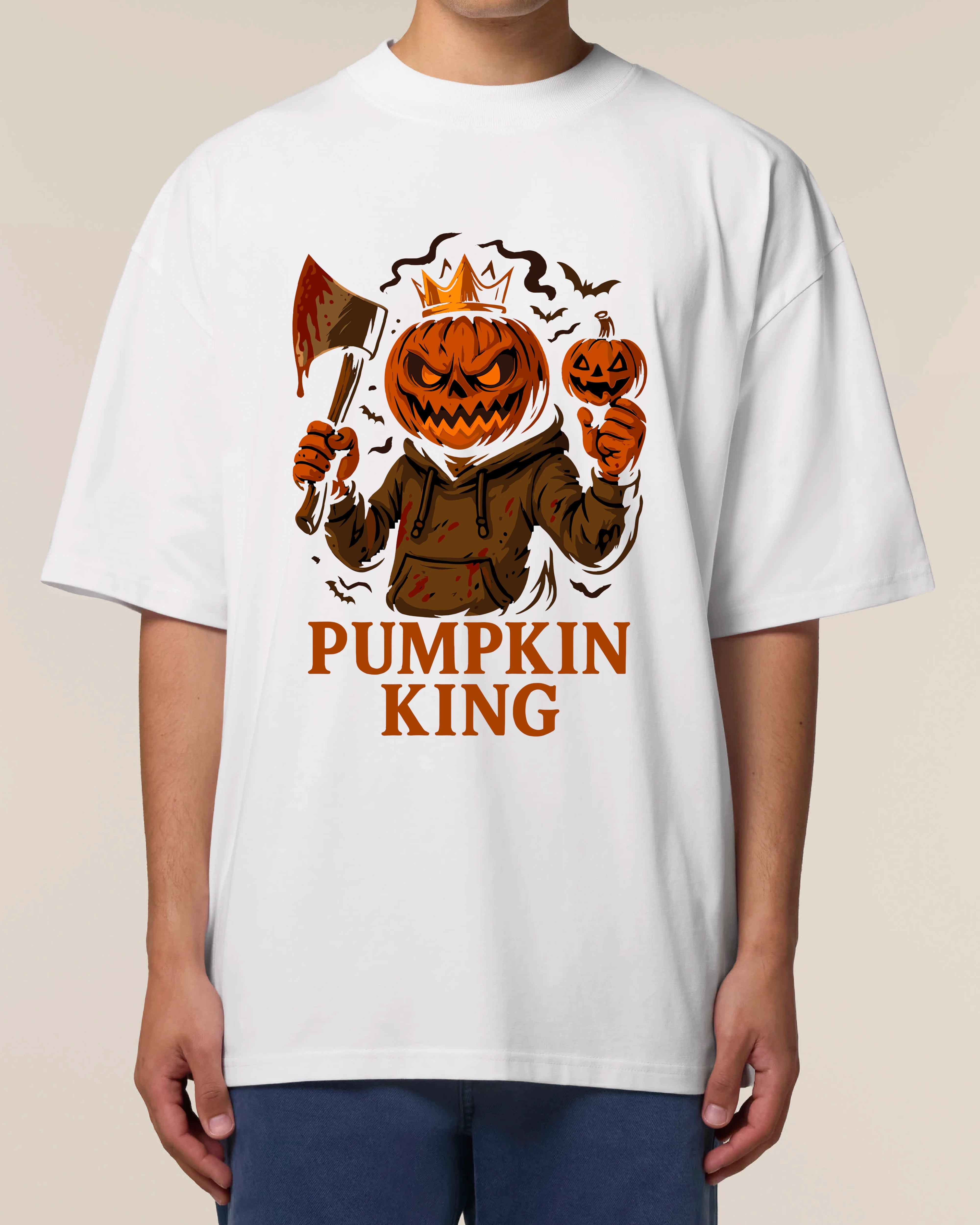 Oversized Halloween Shirt mit Kürbis-Monster Design und blutiger Axt – Pumpkin King T-Shirt für Männer