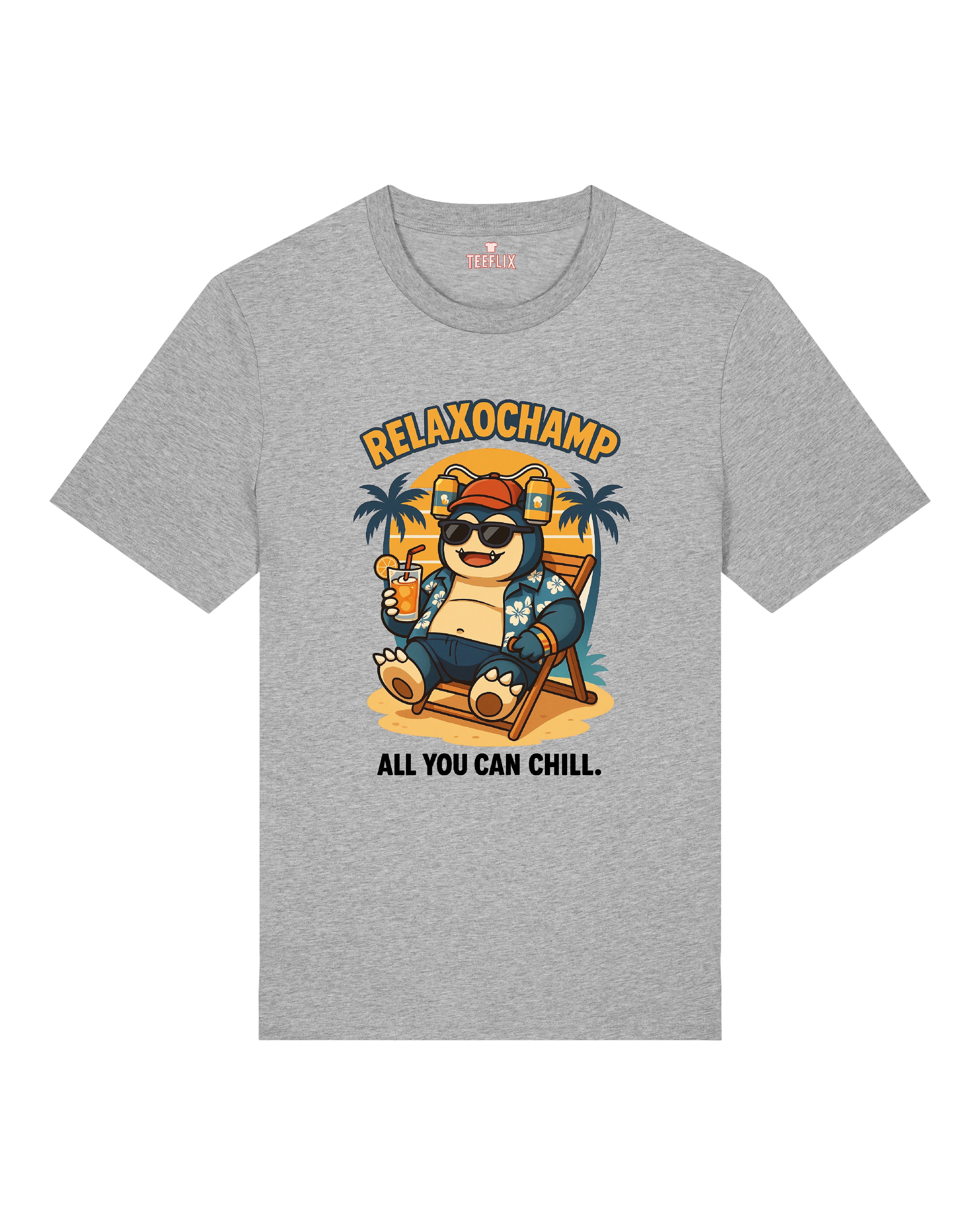 Graues T-Shirt mit Relaxochamp-Motiv: Relaxo entspannt mit Cocktail, Palmenhintergrund und Schriftzug "All You Can Chill"