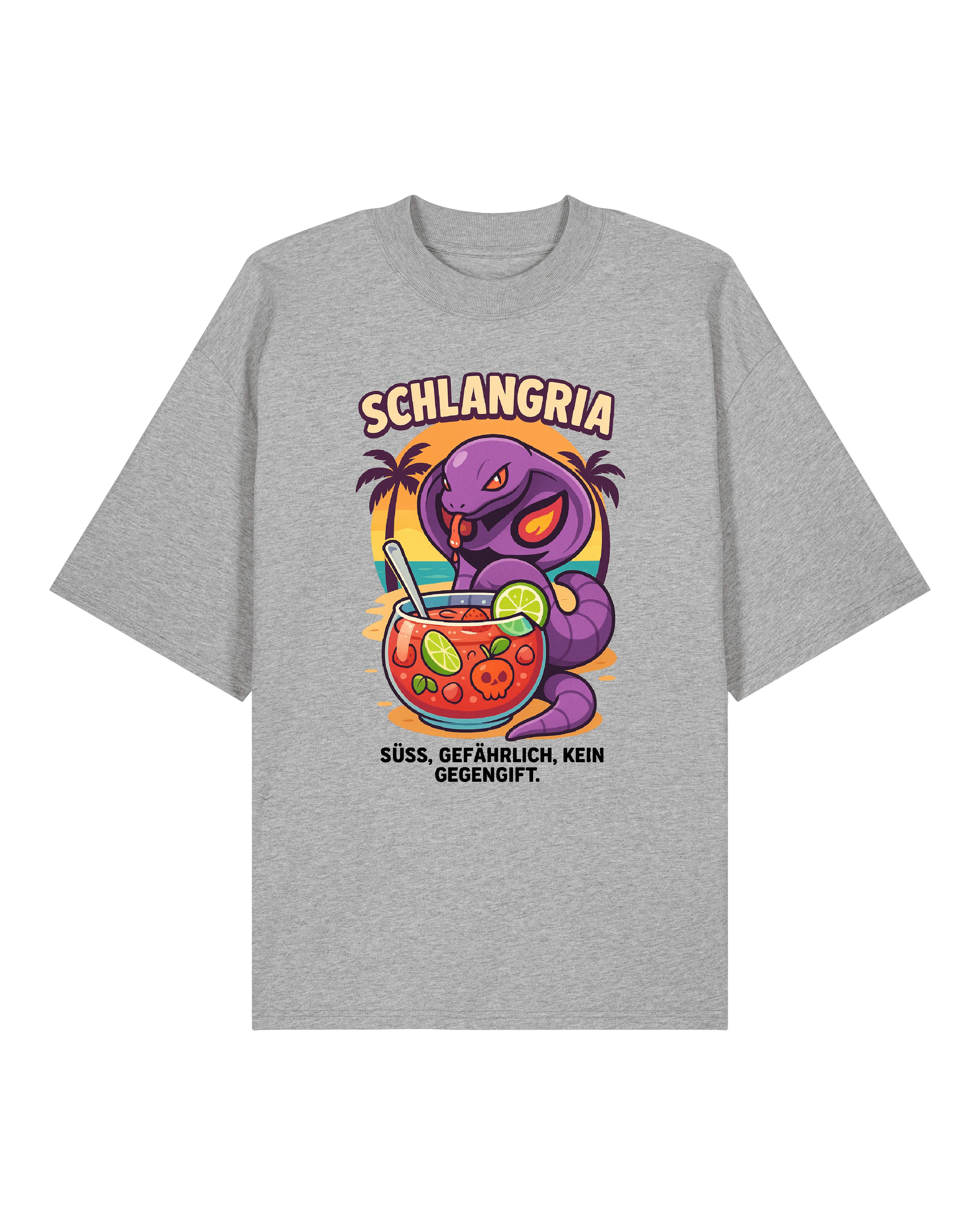 Graues T-Shirt „Schlangria“ – süßes, gefährliches Schlangen-Design mit Drink