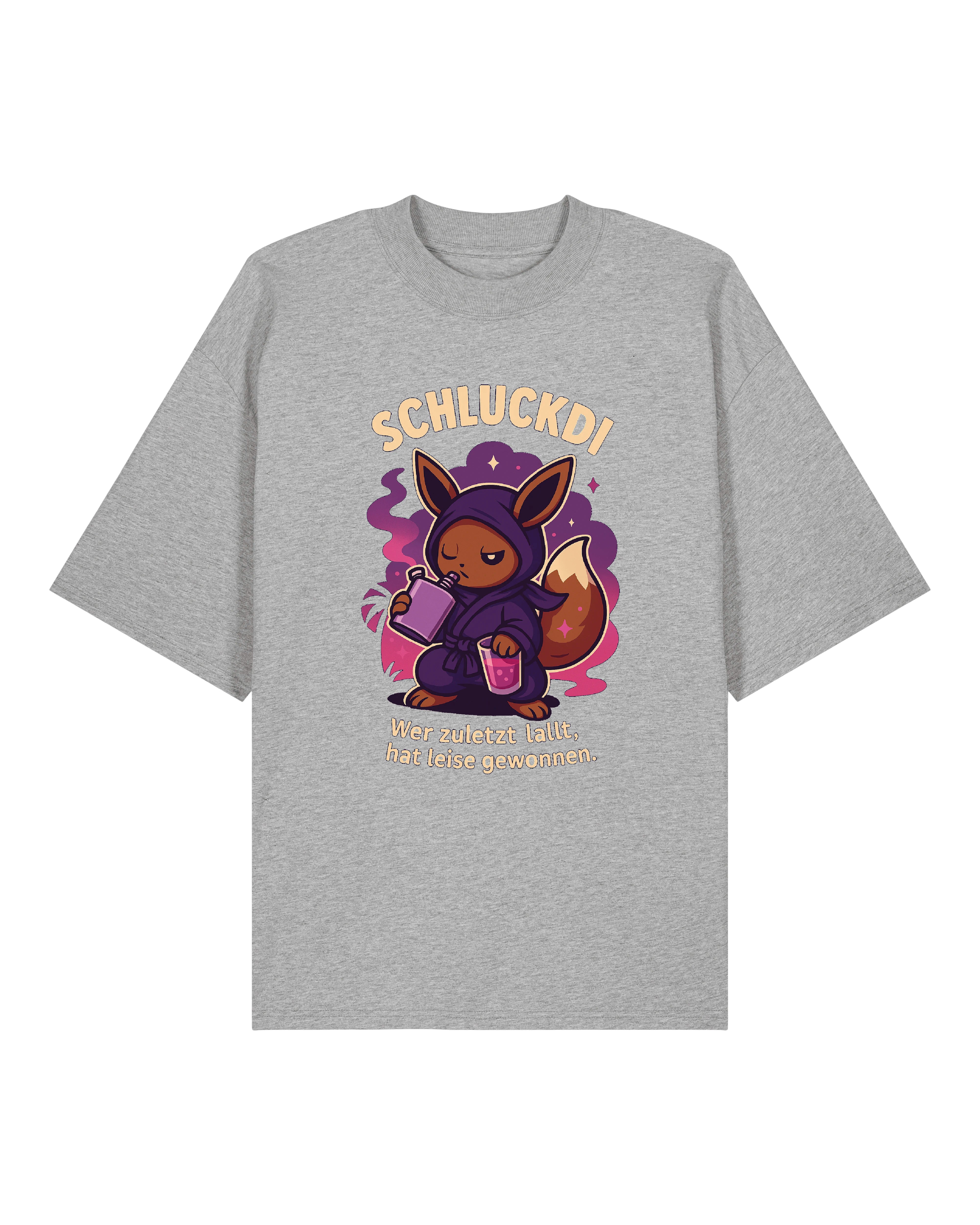 Schluckdi T-Shirt mit Trinkmotiv und Spruch "Wer zuletzt lallt, hat leise gewonnen" in Schwarz, Grau und Weiß.
