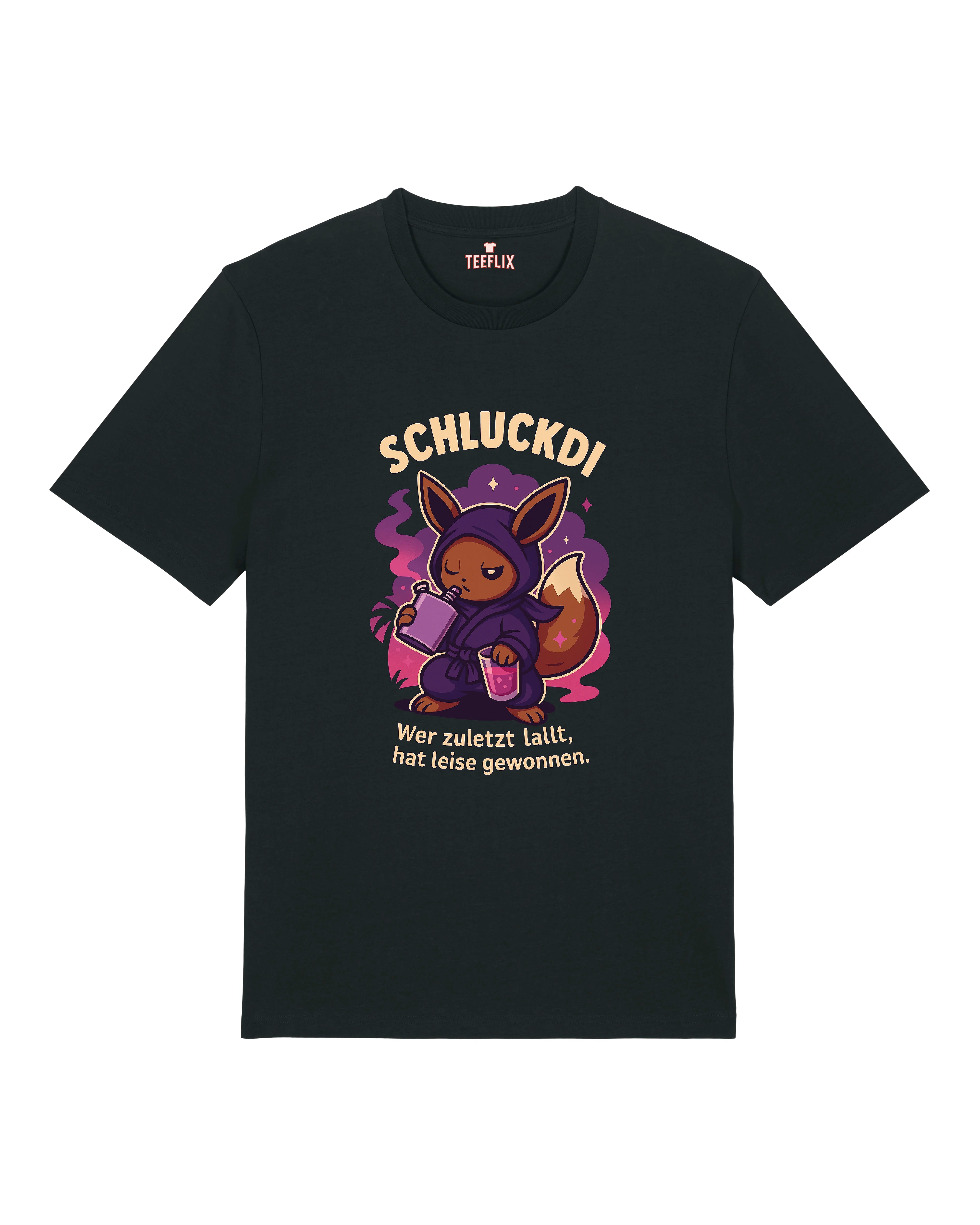 Schluckdi T-Shirt mit Trinkmotiv und Spruch "Wer zuletzt lallt, hat leise gewonnen" in Schwarz, Grau und Weiß.