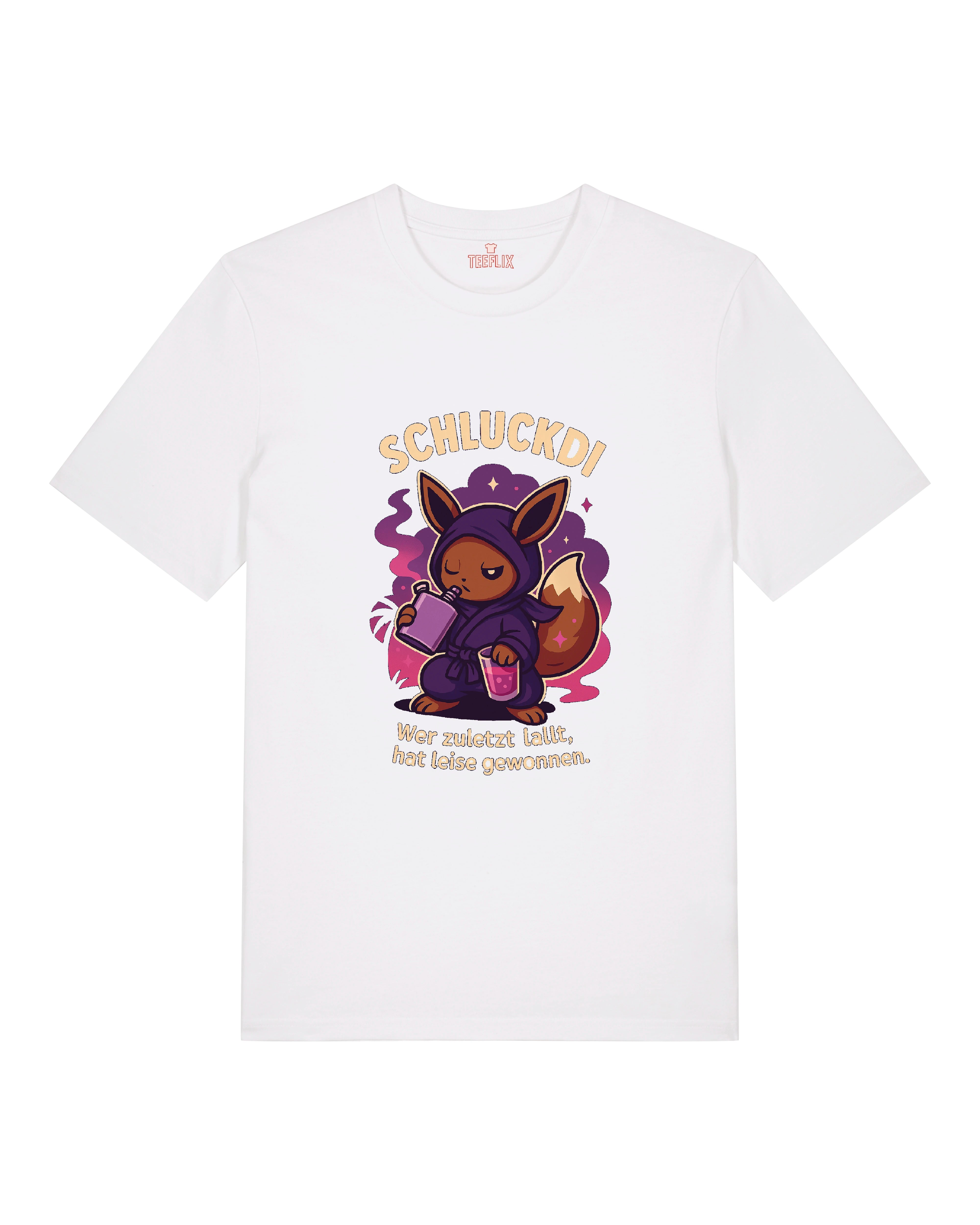 Schluckdi T-Shirt mit Trinkmotiv und Spruch "Wer zuletzt lallt, hat leise gewonnen" in Schwarz, Grau und Weiß.