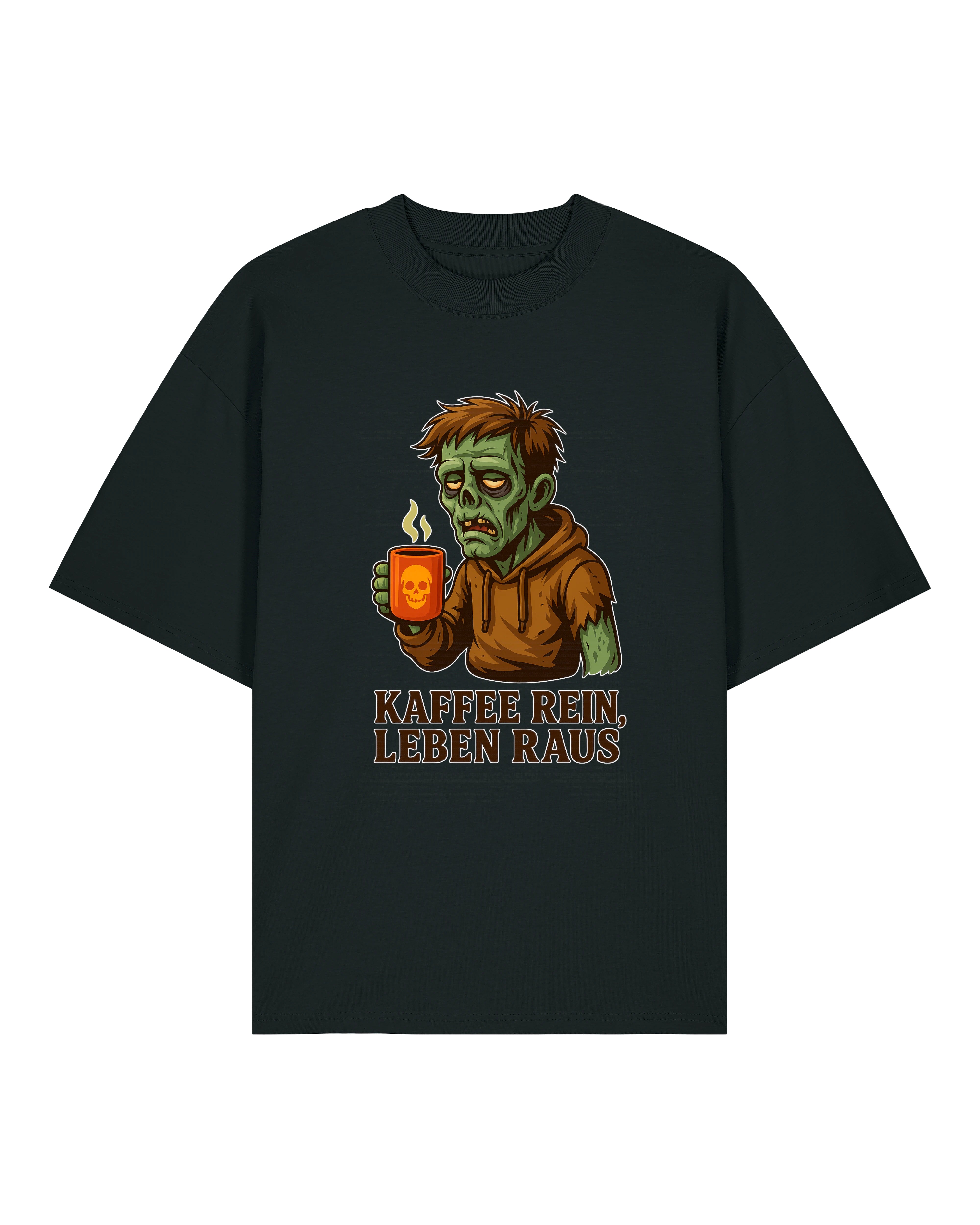 Schwarzes Oversized T-Shirt mit Zombie und Kaffeetasse – Kaffee Spruch Shirt von Teeflix