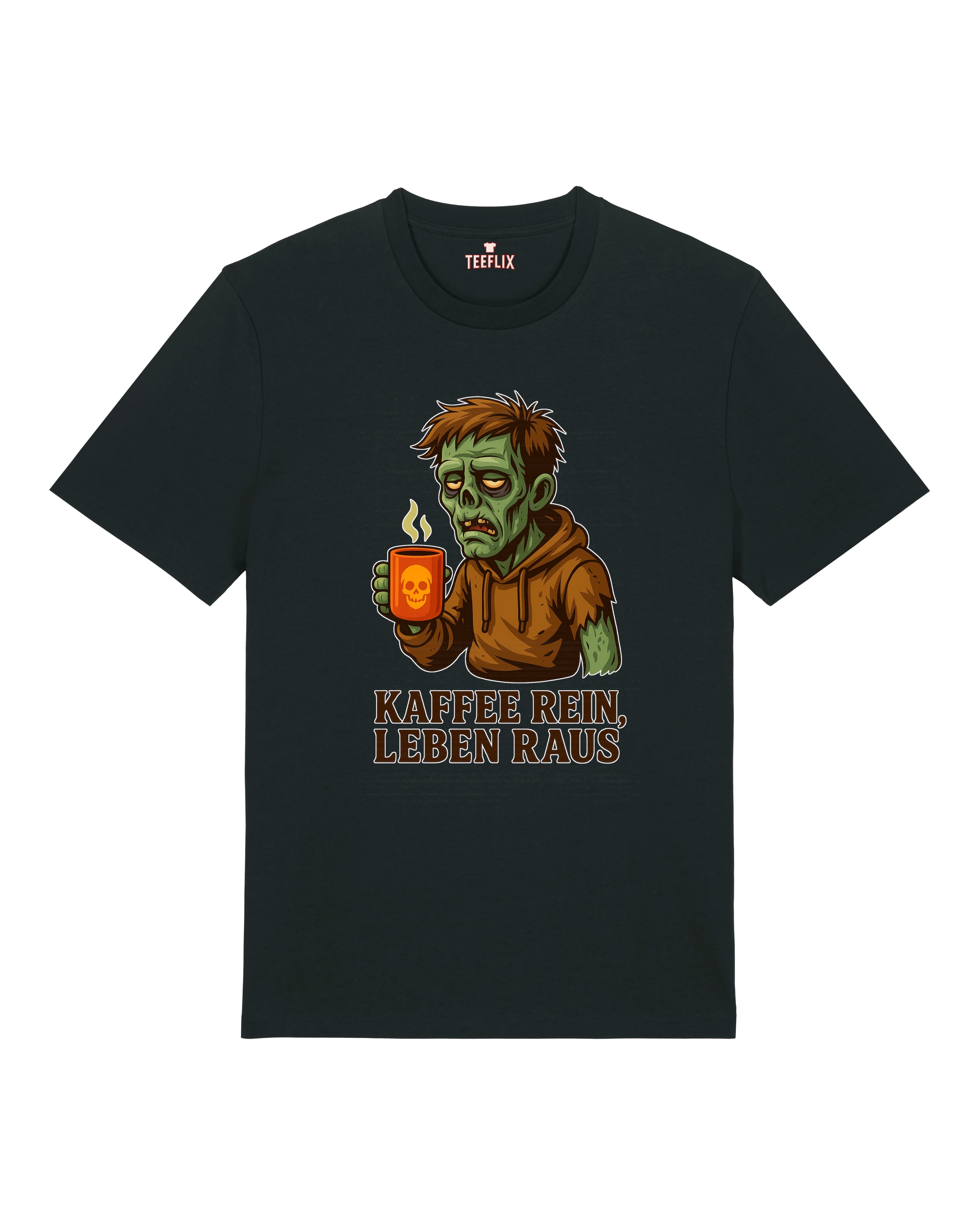 Schwarzes Premium Shirt mit witzigem Kaffee-Zombie Druck – Unisex Shirt Kaffee rein Leben raus – Teeflix