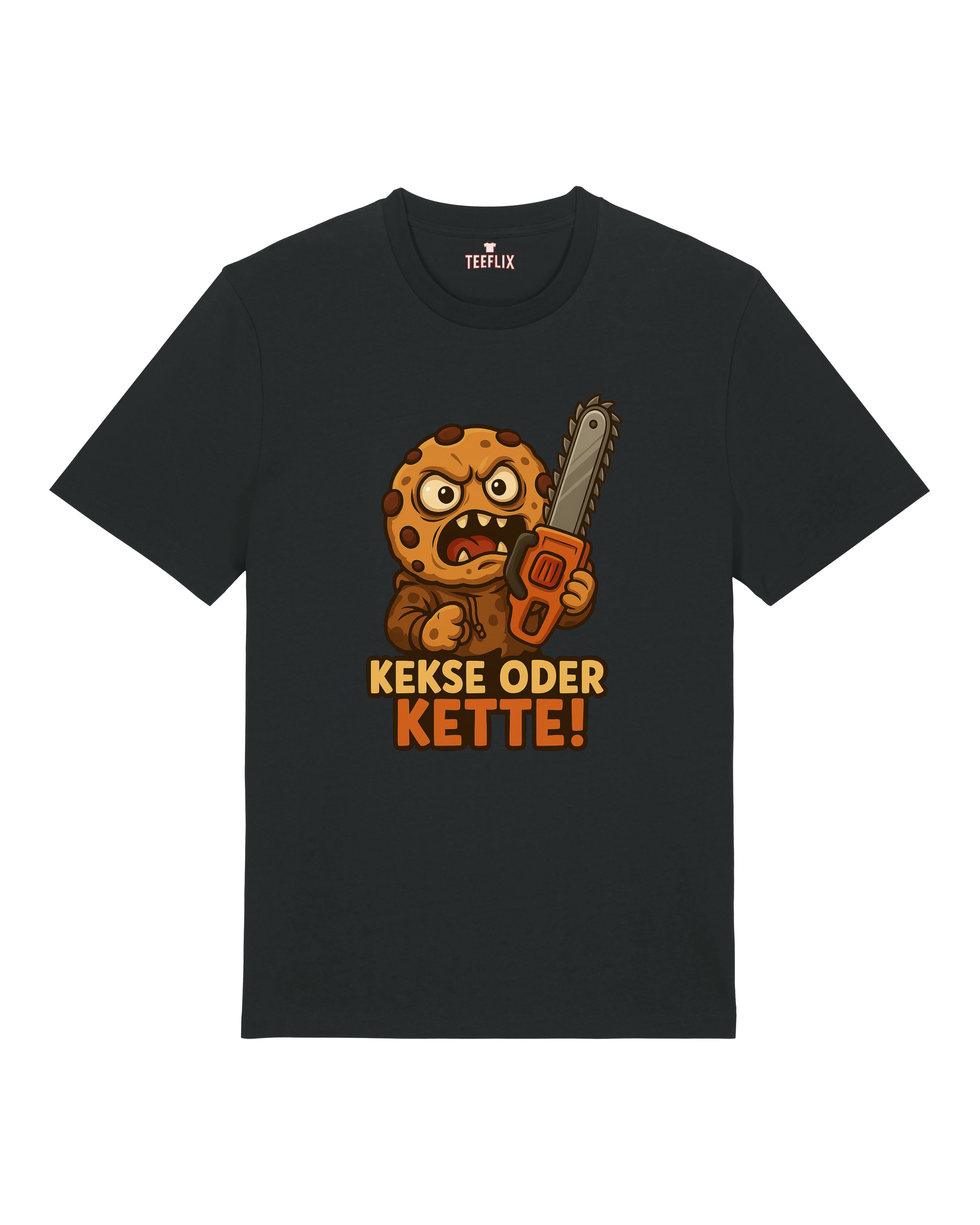 Schwarzes Premium Shirt mit Keksmonster und Kettensäge Print – Lustiges Shirt von Teeflix
