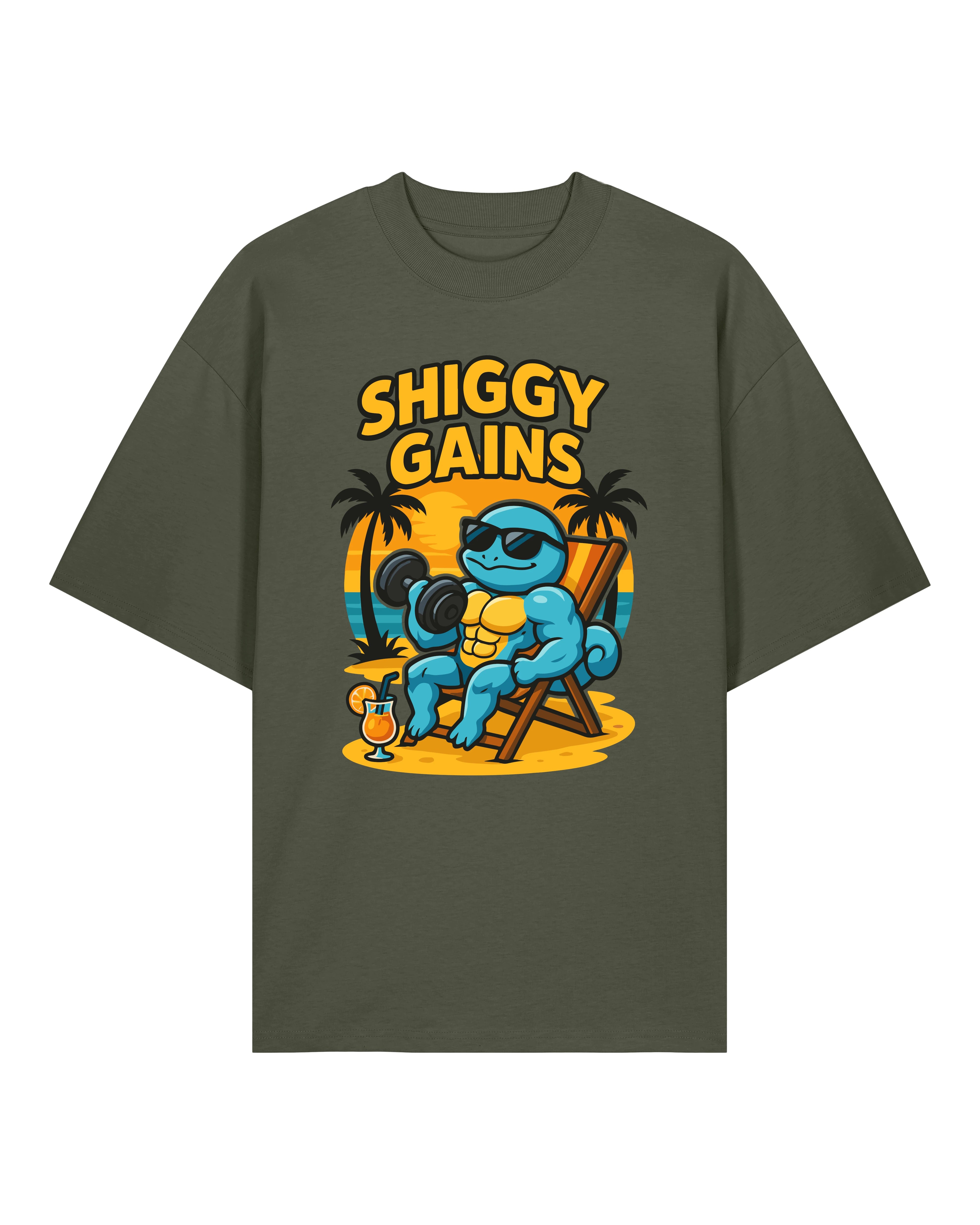 SHIGGY GAINS Oversized Pump Cover Gym Shirt Olivgrün – Bodybuilding Oversized Shirt von Teeflix