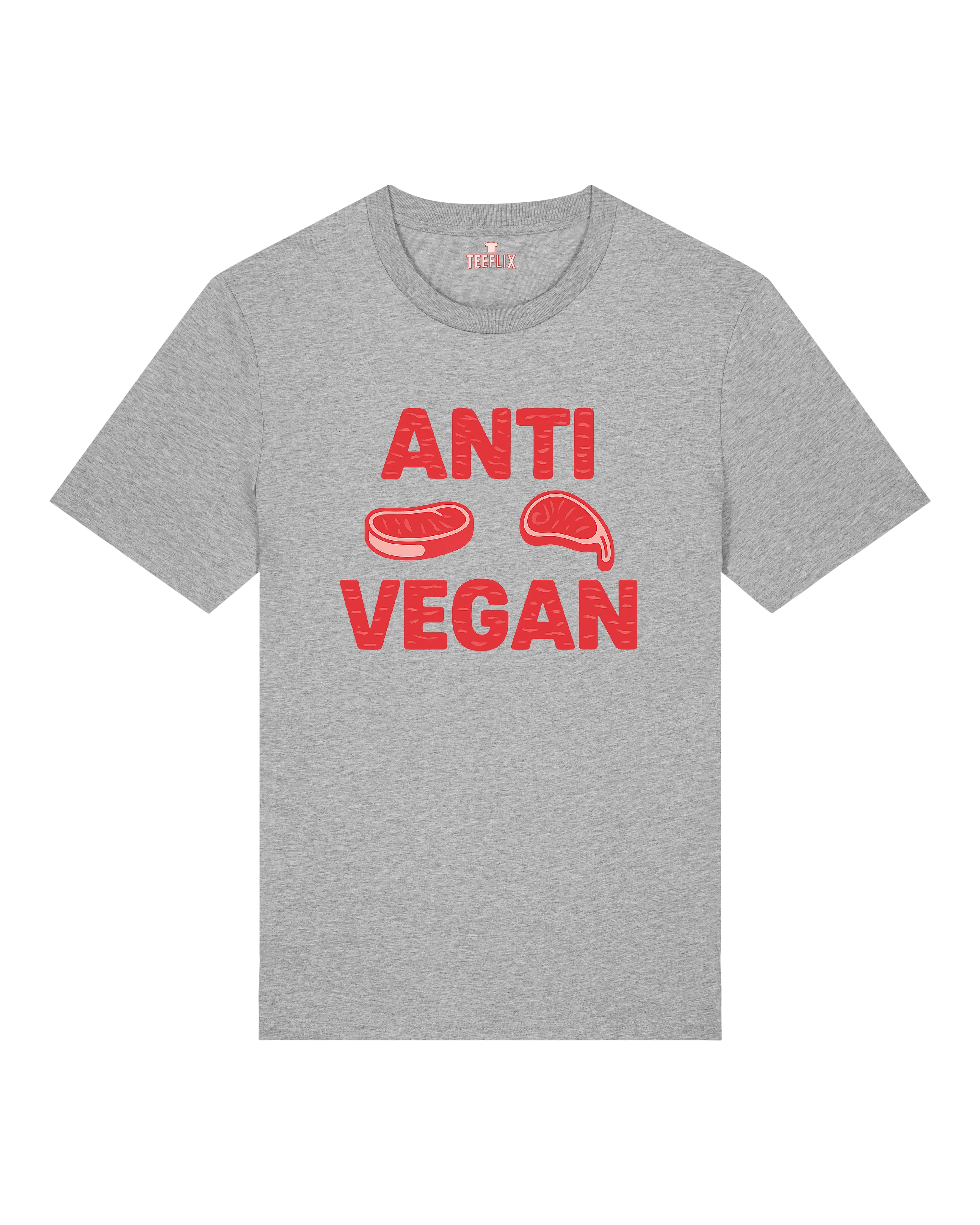 Graues Unisex-Shirt mit provokantem Text „Anti Vegan“ – ideal für Fleischliebhaber