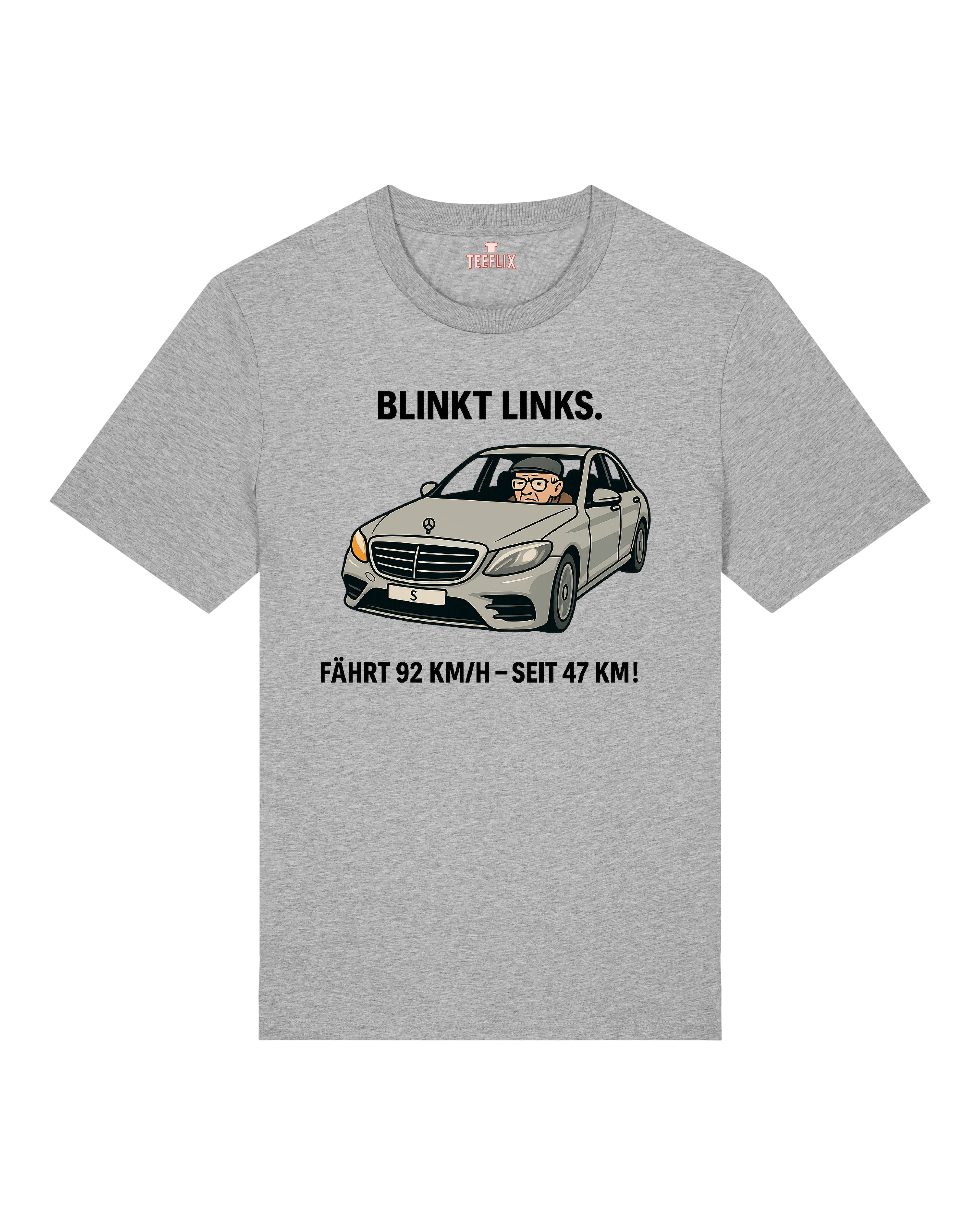 Graues Oversize-Shirt mit Comic-Illustration und Text über langsame Autofahrer