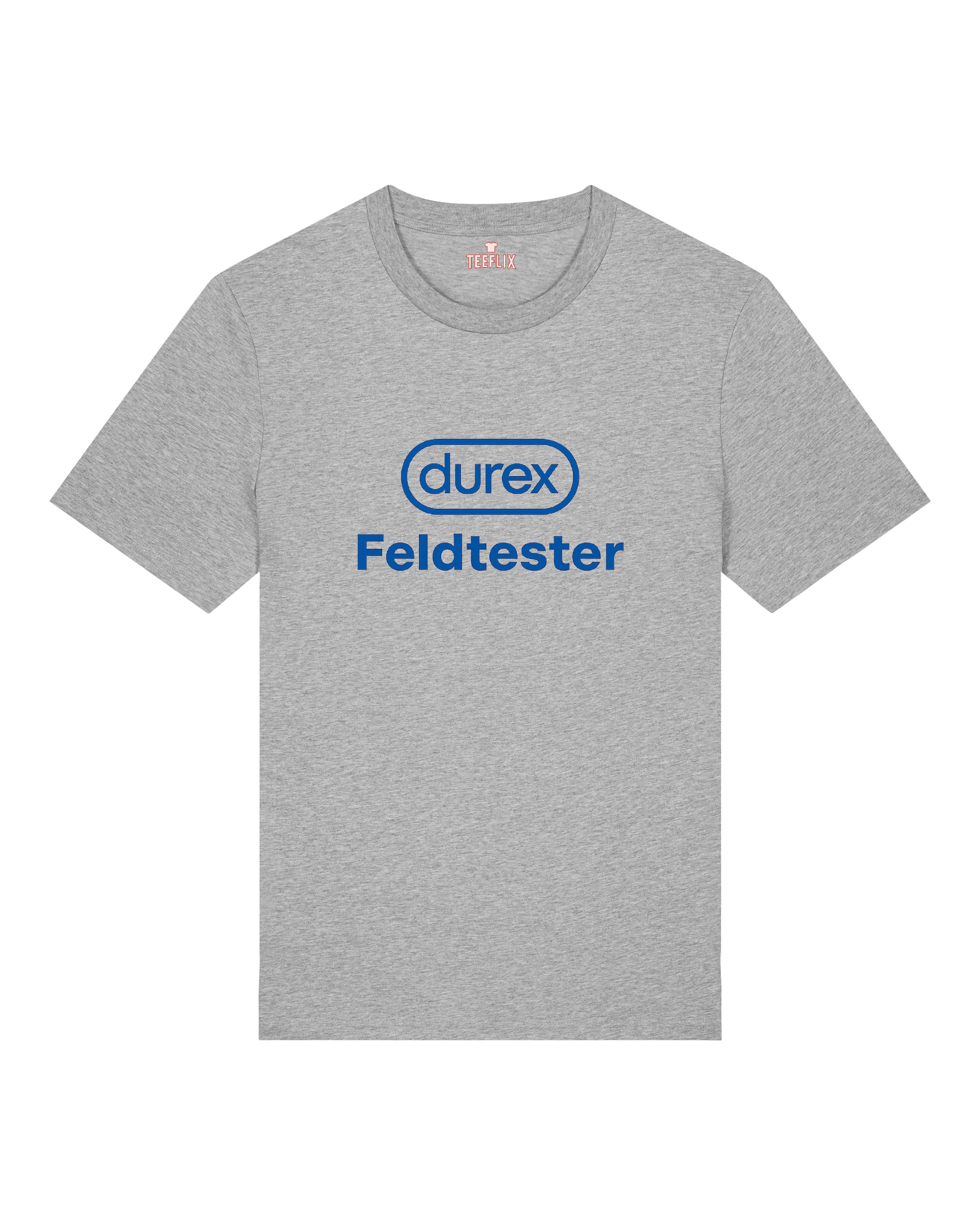 Graues Shirt mit lustigem Durex-Motiv und der Aufschrift „Feldtester“