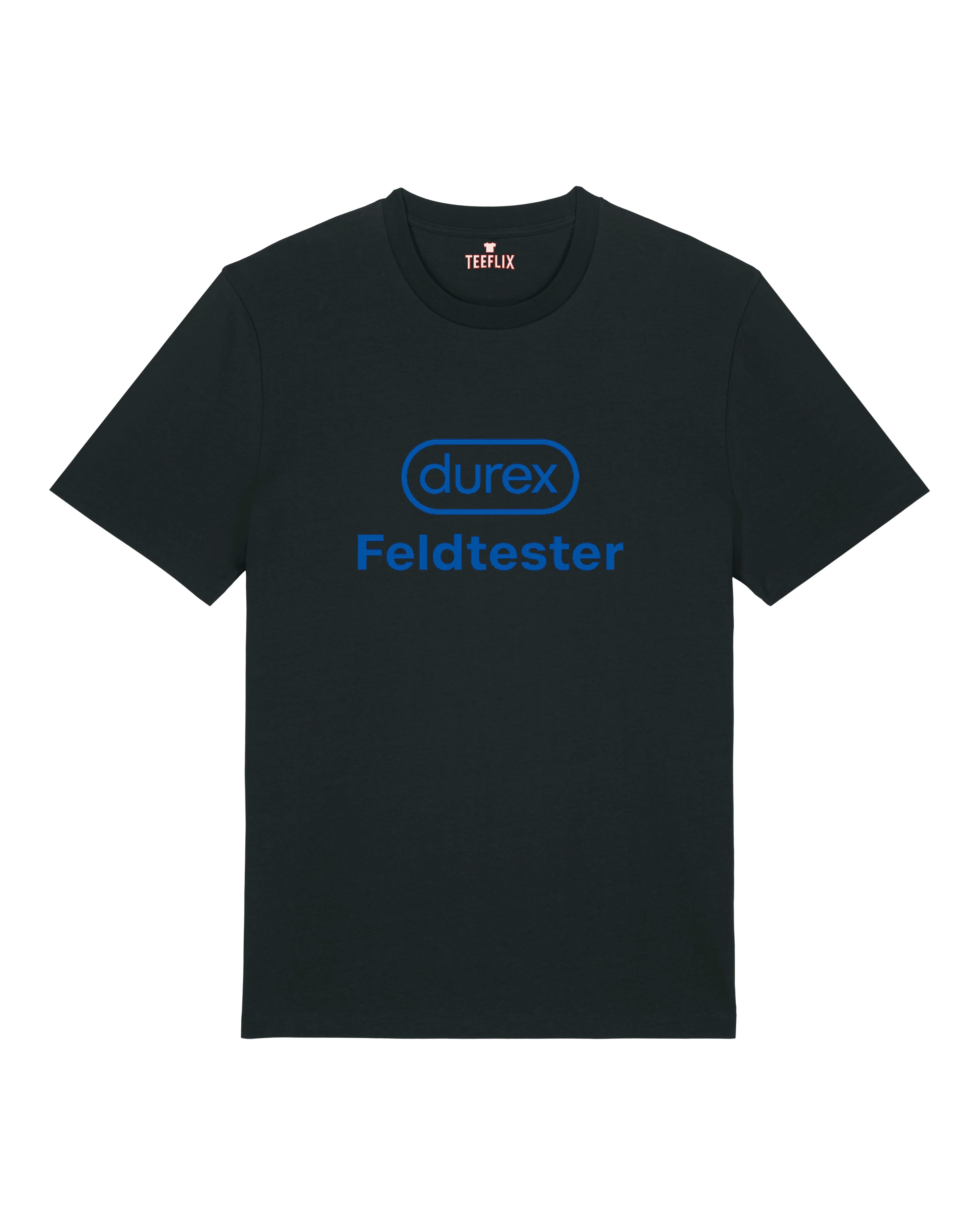 Schwarzes T-Shirt mit blauem „Durex Feldtester“-Aufdruck – witziges Statement für Männer