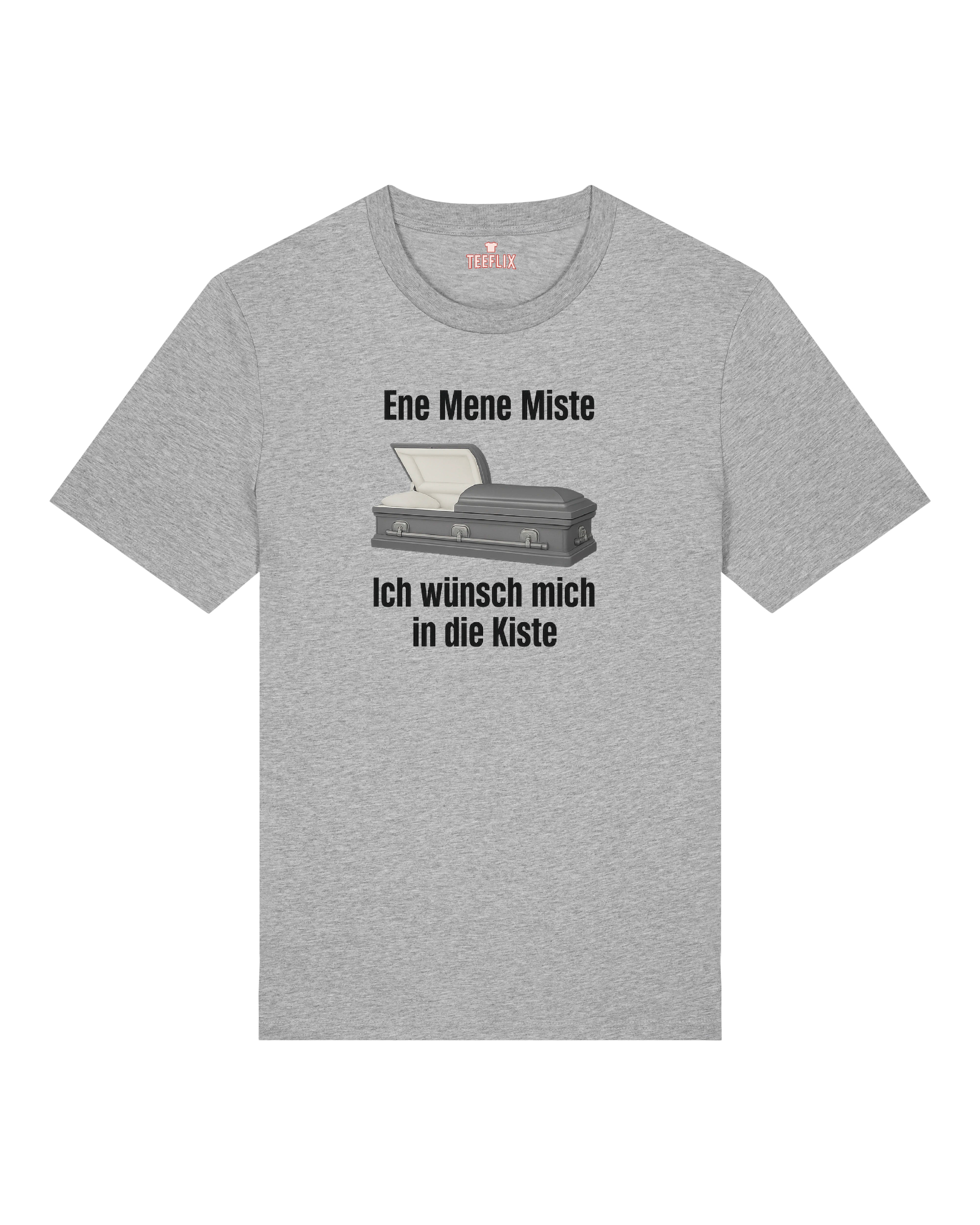 Graues T-Shirt mit schwarzem Humor und offenem Sarg-Motiv