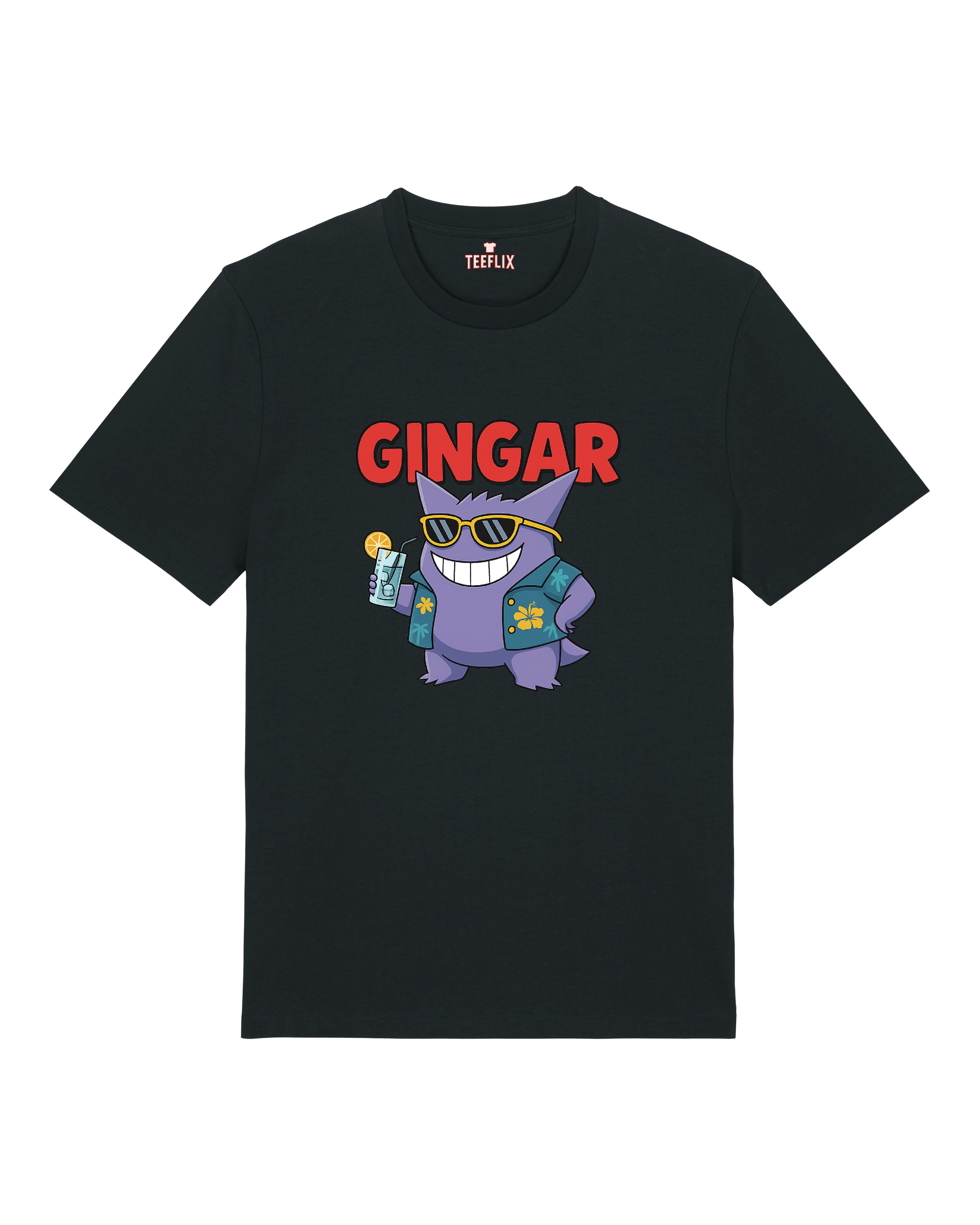 Schwarzes Funshirt mit GINGAR-Print – Geist mit Drink und Aloha-Vibes
