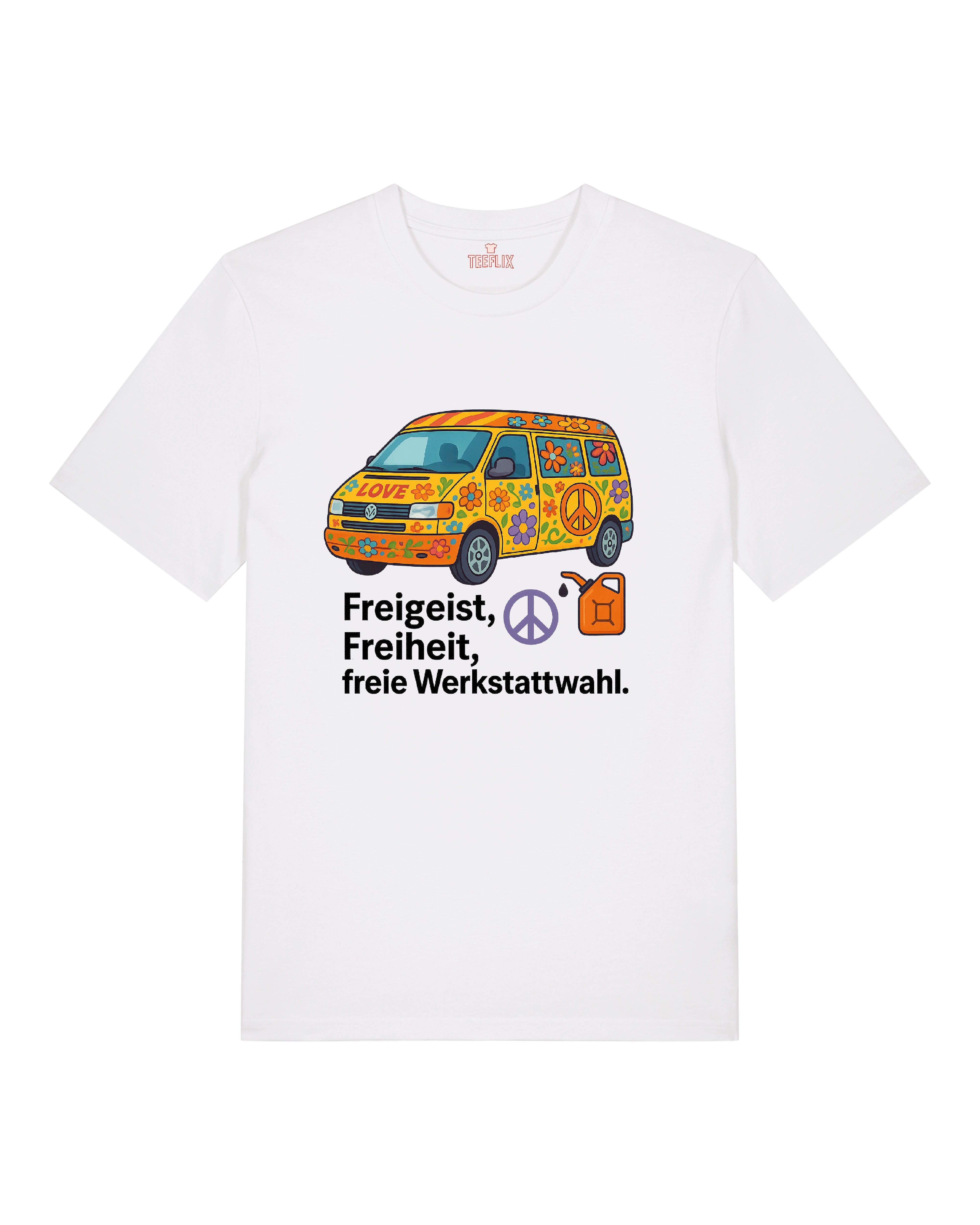 Weißes T-Shirt mit buntem VW-Hippie-Bus und Peace-Motiv