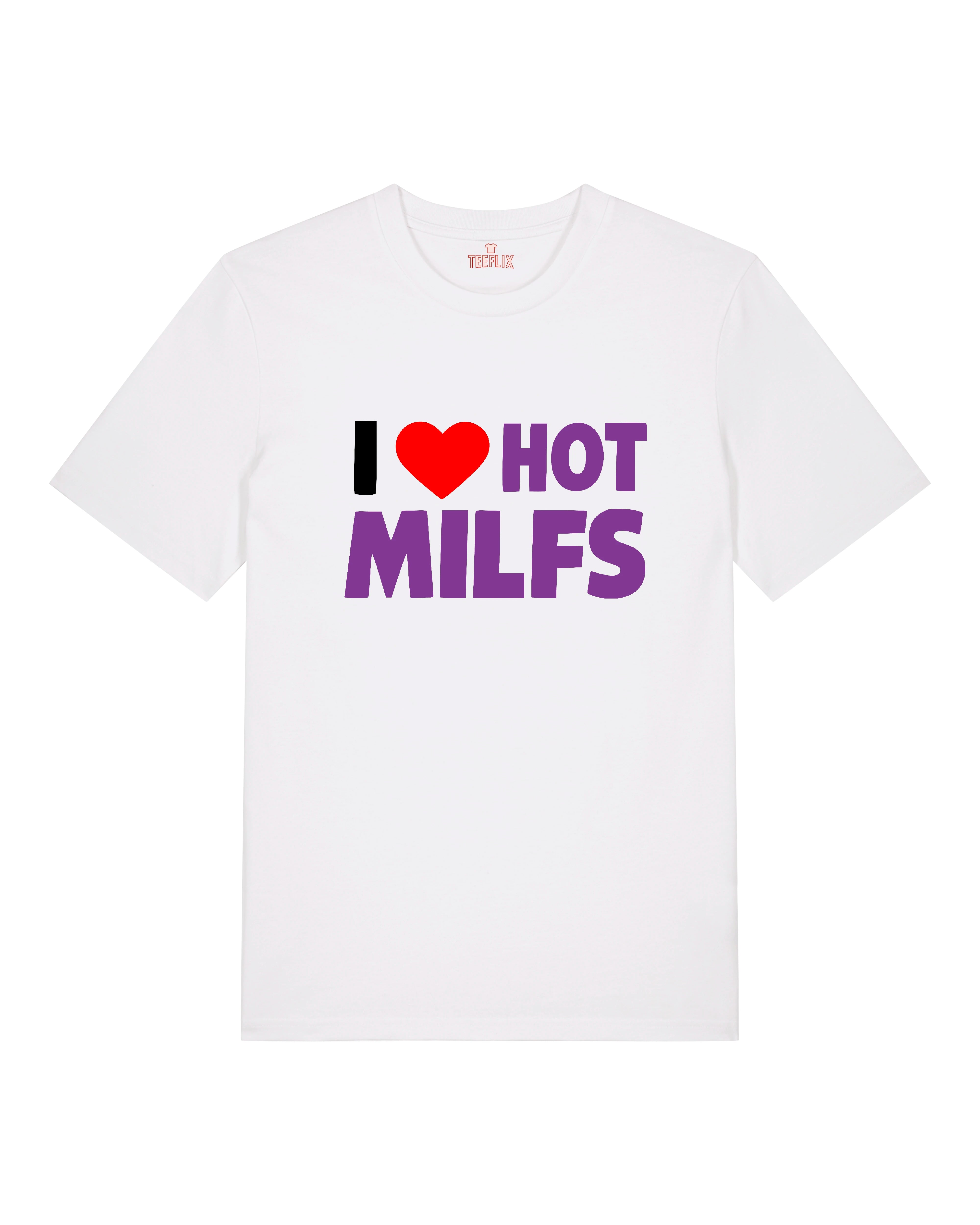 Weißes T-Shirt mit Statement-Aufdruck „I ❤️ HOT MILFS“ in Schwarz, Rot & Lila