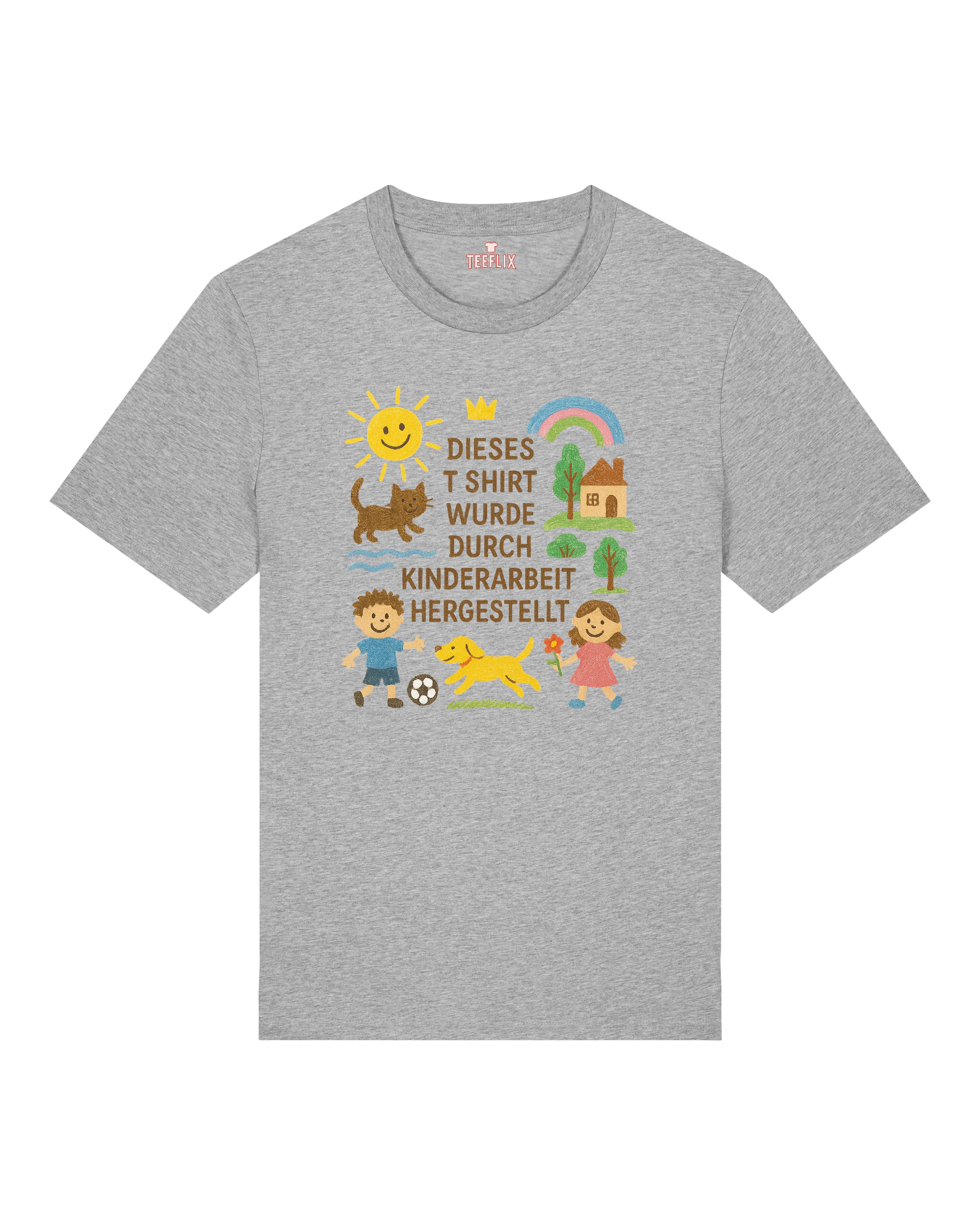 Graues Funshirt mit farbenfrohem Motiv und sozialkritischem Text