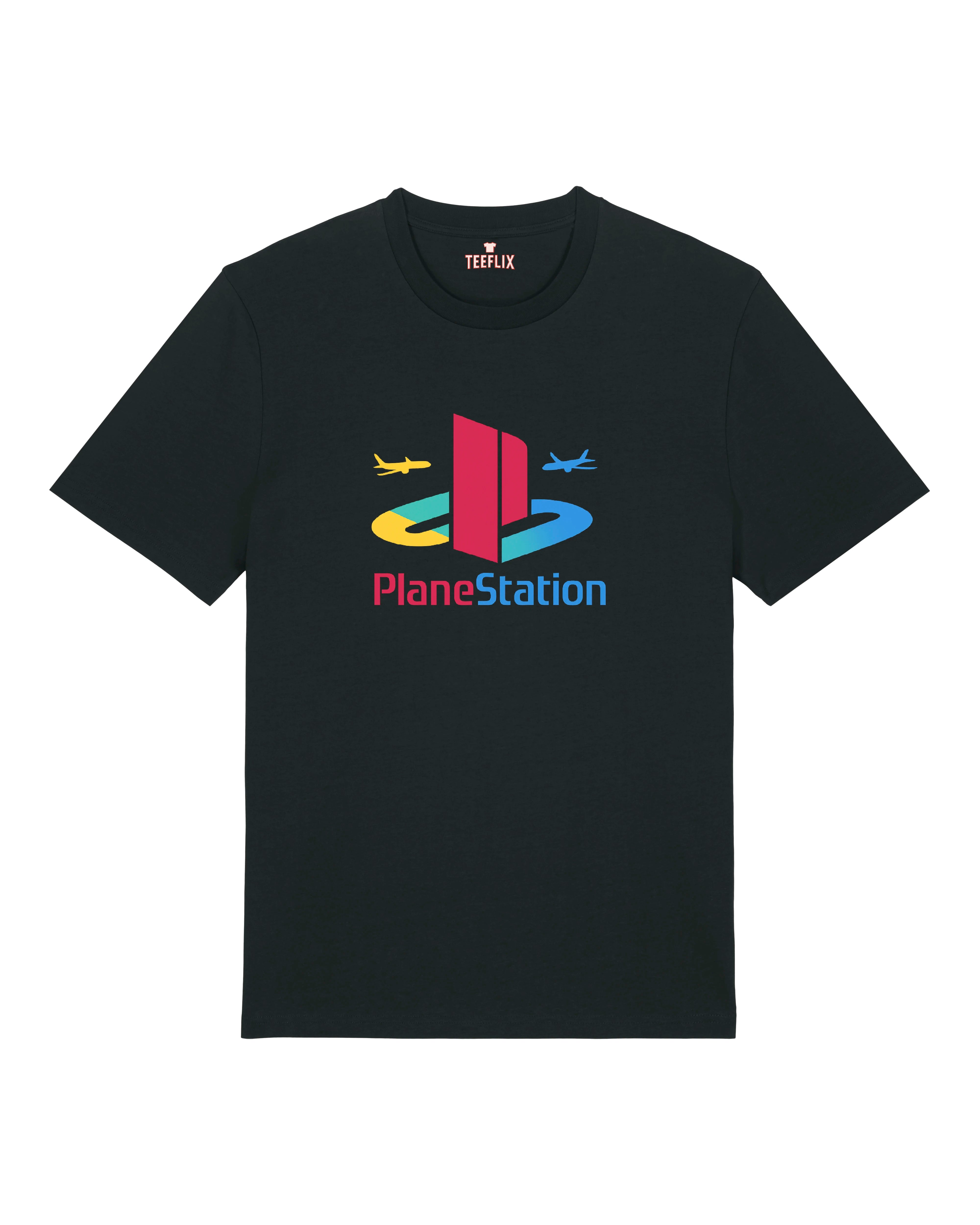 Schwarzes Gamer-Shirt mit PlayStation-Parodie und Flugzeugen