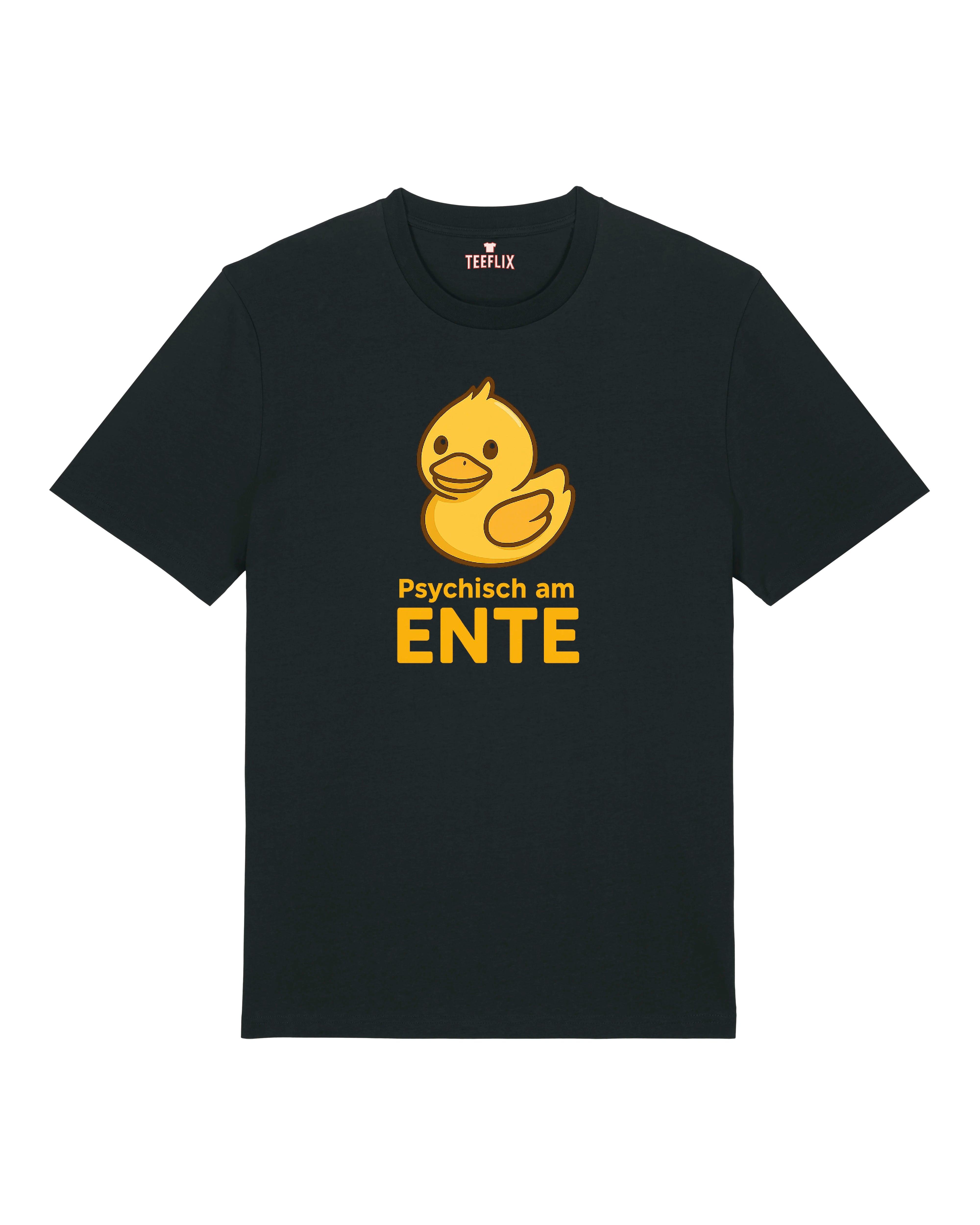 Schwarzes T-Shirt mit gelber Ente und dem Spruch „Psychisch am ENTE“