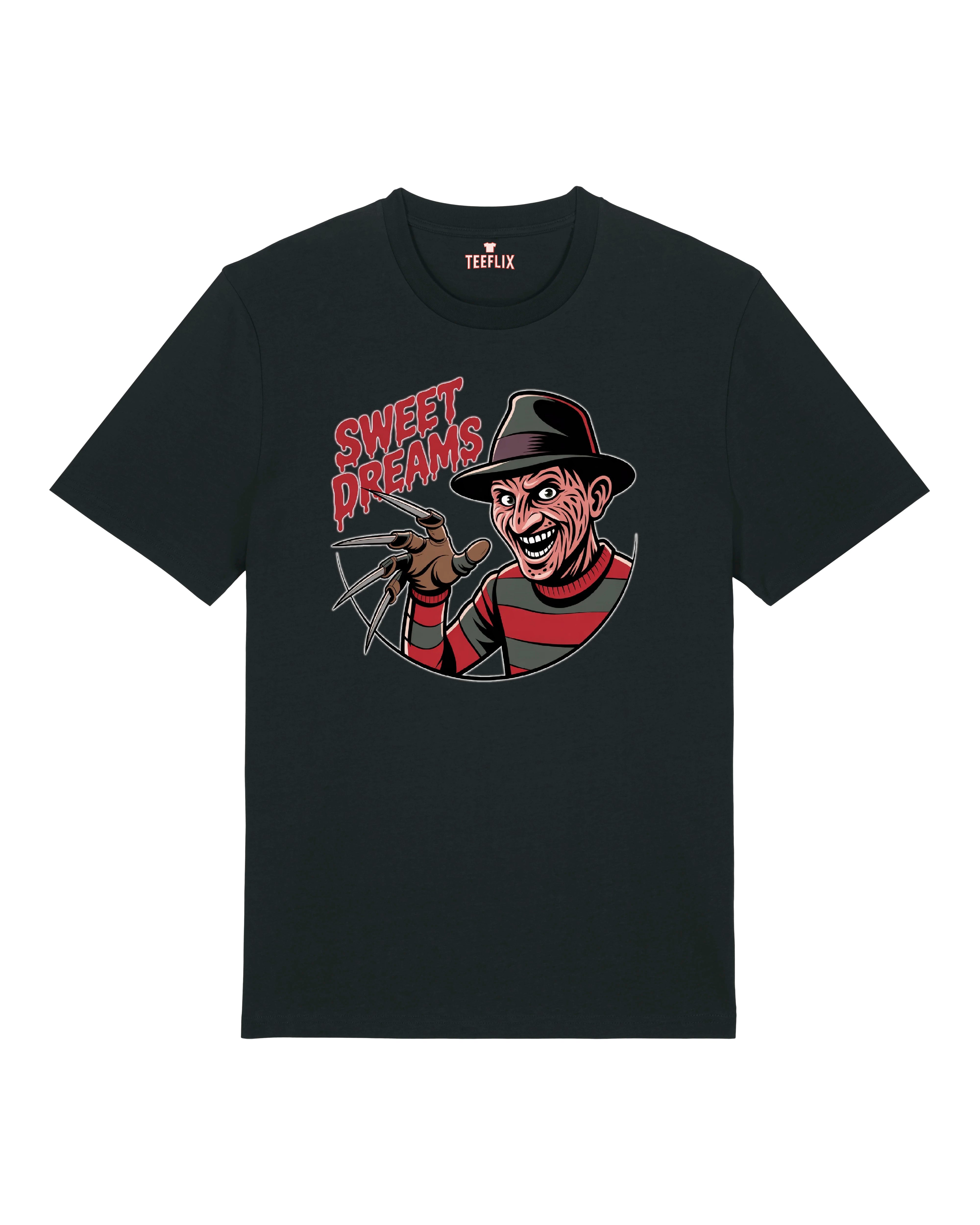 Schwarzes Funshirt mit ironischem Freddy-Motiv und Horror-Meme-Stil