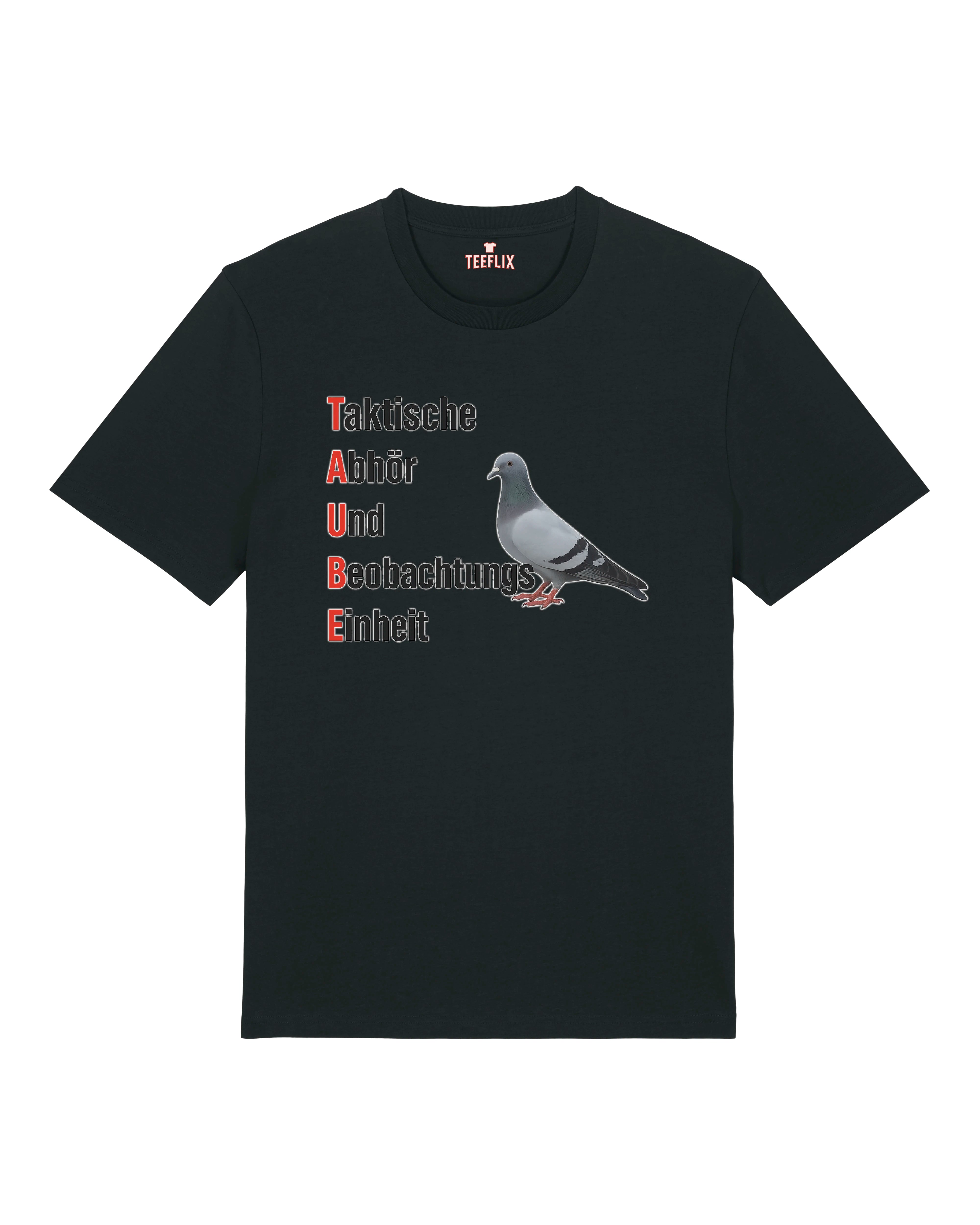Schwarzes Meme-T-Shirt mit lustigem Tauben-Motiv und satirischem Verschwörungsbezug
