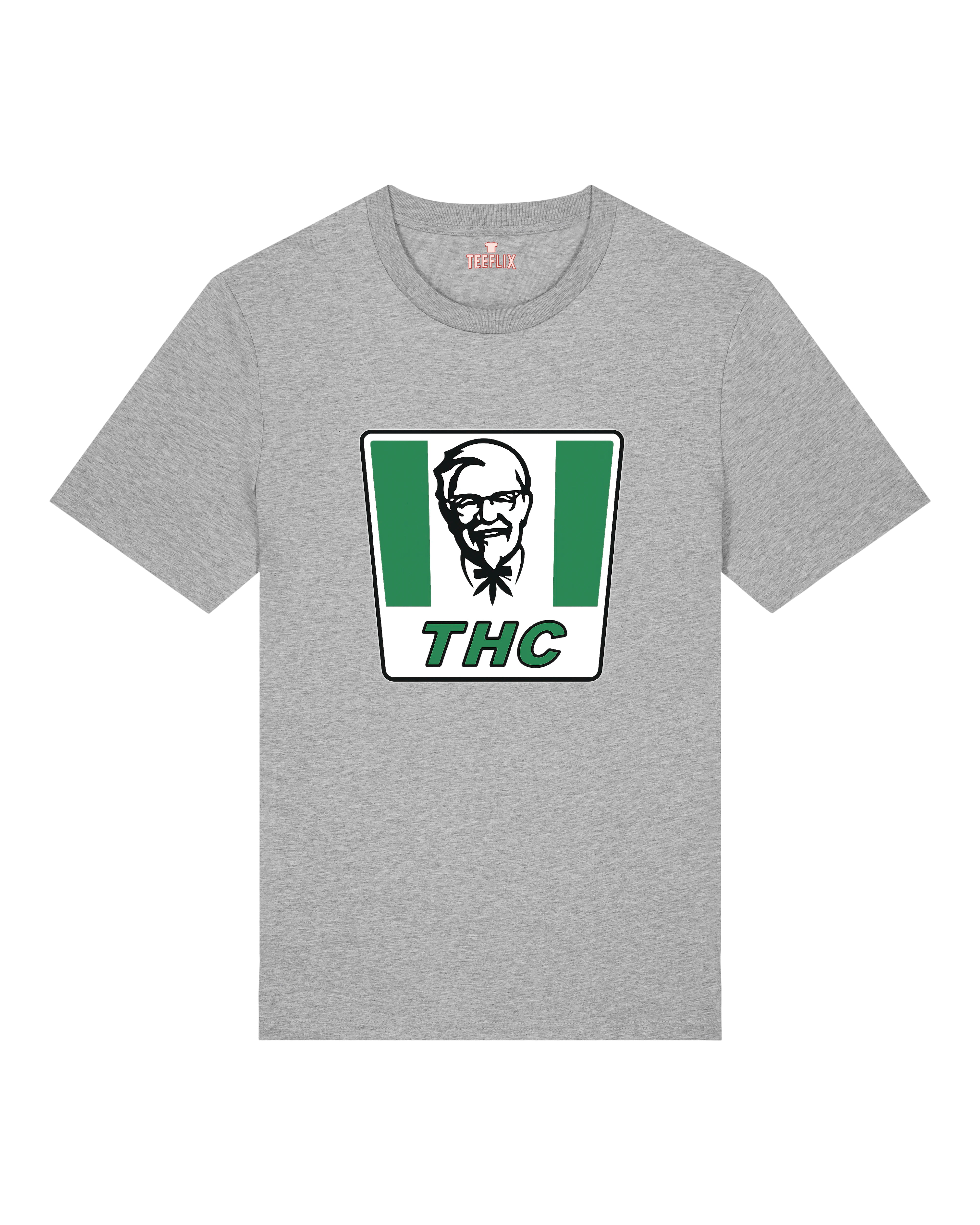 Graues Parodie-Shirt mit „THC“-Schriftzug und grünem KFC-inspiriertem Print